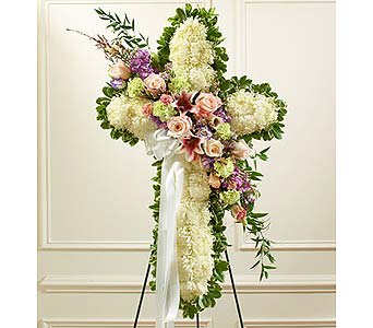 White Cross with Pastel Flower Break White Cross with Pastel Flower Break - This beautiful white floral cross with a break of comforting pastel flowers shows your compassion, faith and love with thoughtful funeral flowers during this difficult time. As Shown : HUD-91394