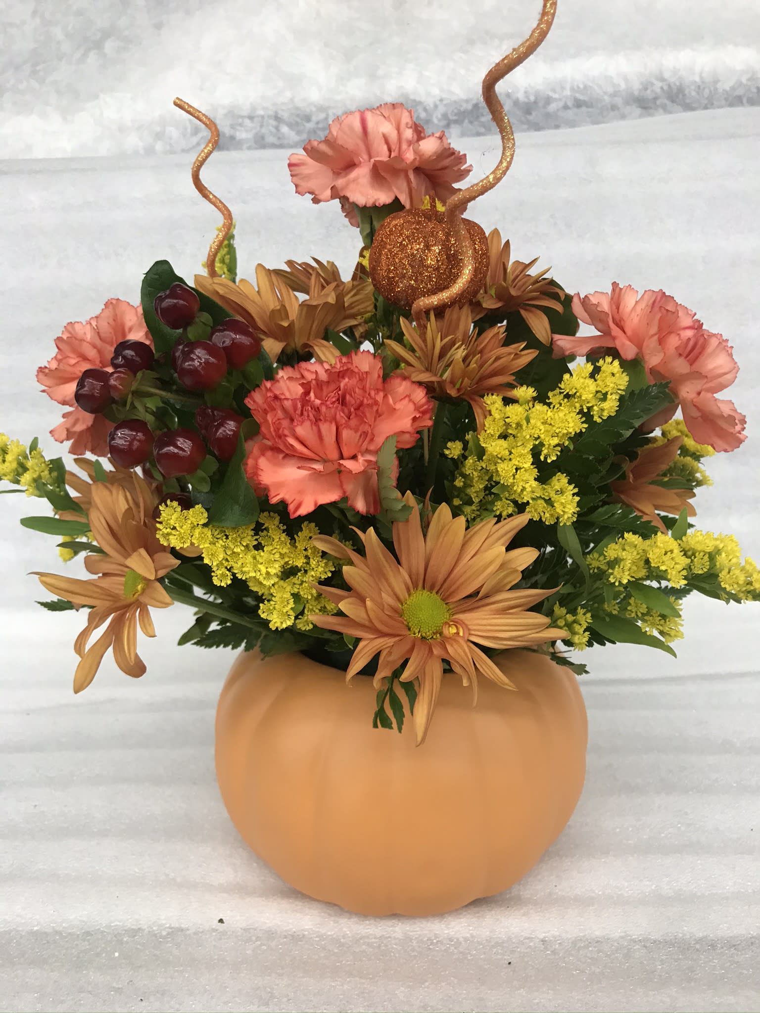 Fresh Pumpkin Arrangement By Bodnar Son Florist Fall flower arrangements look fabulous in hand carved pumpkin vases. bloomnation