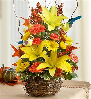 Autumn Birds Nest of Flowers - Product ID: 99167  EXCLUSIVE Bring a little bit of nature home for Fall. Inside this trendy bird's nest basket, our florists have crafted an arrangement of the freshest lilies, carnations, poms and solidago. Complete with Fall leaves, curly willow and a pair of charming bird picks, it's a seasonal surprise sure to hatch smiles. Basket measures 3.75&quot;H x 6.25&quot;W x 5.5&quot;D. Large arrangement measures approximately 16&quot;H x 10&quot;L. Medium measures approximately 15&quot;H x 9.5&quot;L (Shown). Small measures approximately 14&quot;H x 9&quot;L. Our florists select the freshest flowers available so colors and varieties may vary. Lilies may arrive in bud form and will open to full beauty over the next 2-3 days. - See more at: http://conroysbeach.com/PageTemplates/ShoppingCart.aspx?PageID=133&amp;ProductID=881237#sthash.0sUfnmmn.dpuf