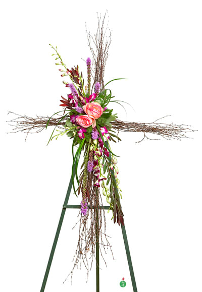 Sign of Faith Standing Spray - Show sympathy and express your heartfelt prayers with a touching tribute to faith and devotion. This lovely natural cross, created from branches and blossoms, is appropriate for funerals, wakes and memorials.