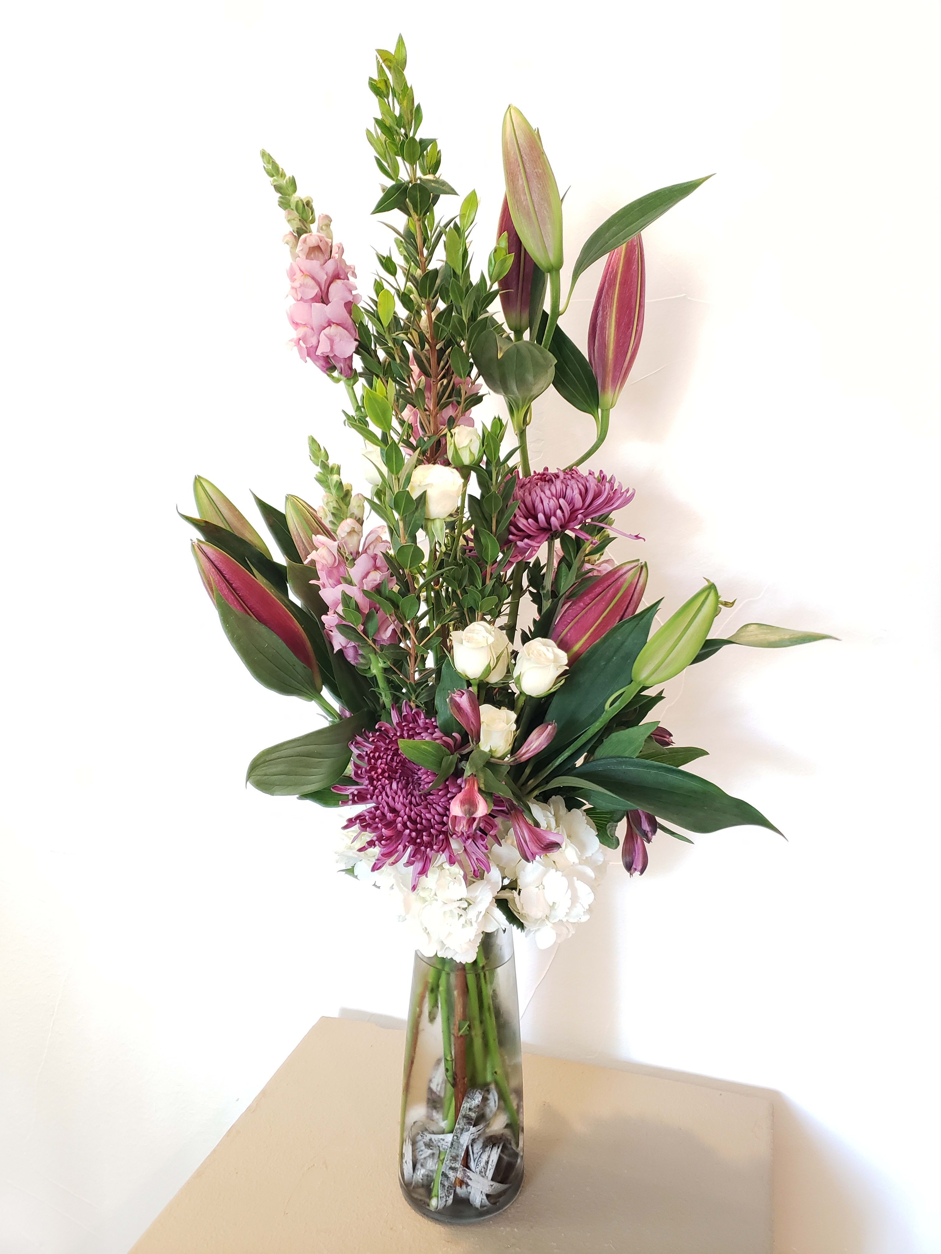 Cheerful Sensation  - hydrangea, mums, snapdragons, lilies, spider mums, alstromeria, spray roses