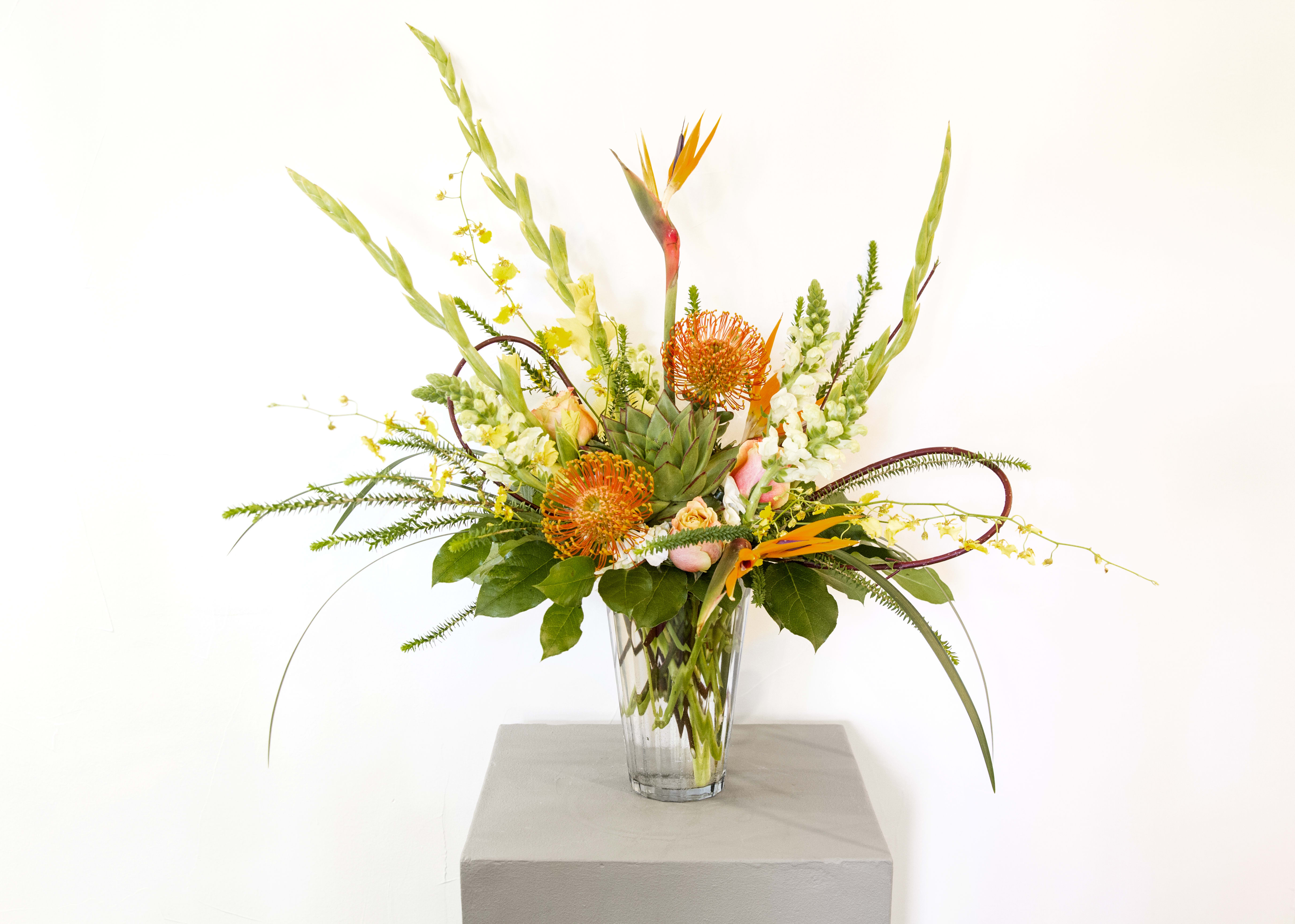 California Dream  - Hydrangea, pin cushion protea, bird of paradise, snap dragons, succulent, gladiolus, roses
