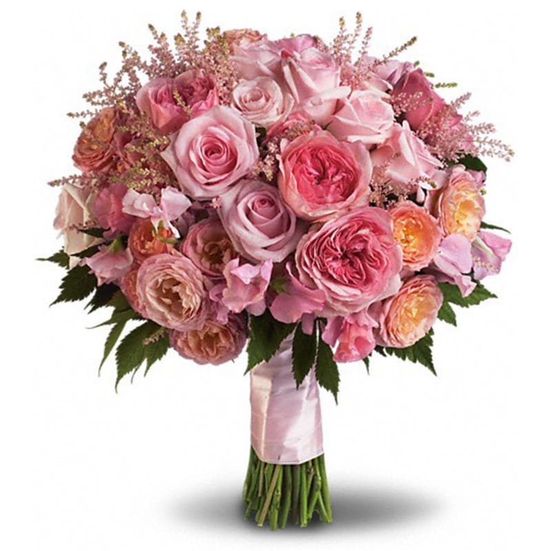 Pink Rose Garden Bouquet Pink Rose Garden Bouquet - A luxurious mix of light pink rose varieties is accented with fragrant sweet pea and delicate astilbe for a fun, feminine effect. A variety of light pink roses share the stage with pink astilbe and pink sweet pea. Orientation: N/A All prices in USD ($) Standard T191-2A