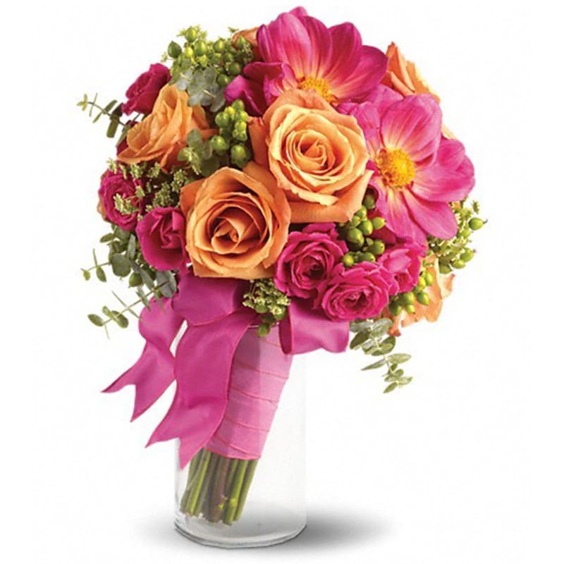 Passionate Embrace Bouquet Passionate Embrace Bouquet - Evoke the exciting passion of true love with this high-fashion bouquet of hot pink, orange and green. Hot pink and orange roses come together with bold pink dahlias and accents of Queen Anne's lace, green hypericum and spiral eucalyptus. Orientation: N/A All prices in USD ($) Standard T194-7A