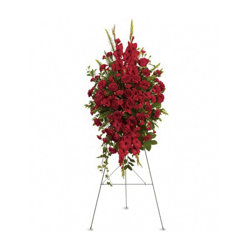 Deep in Our Hearts Spray Deep in Our Hearts Spray - This rich, radiant spray of red roses, gladioli and other popular red flowers during a time of loss conveys a message of reassurance and hope in a difficult time. The radiant arrangement includes red roses, red gladioli, red carnations and red miniature carnations, accented with assorted greenery. Orientation: One-Sided All prices in USD ($) Standard T270-1A