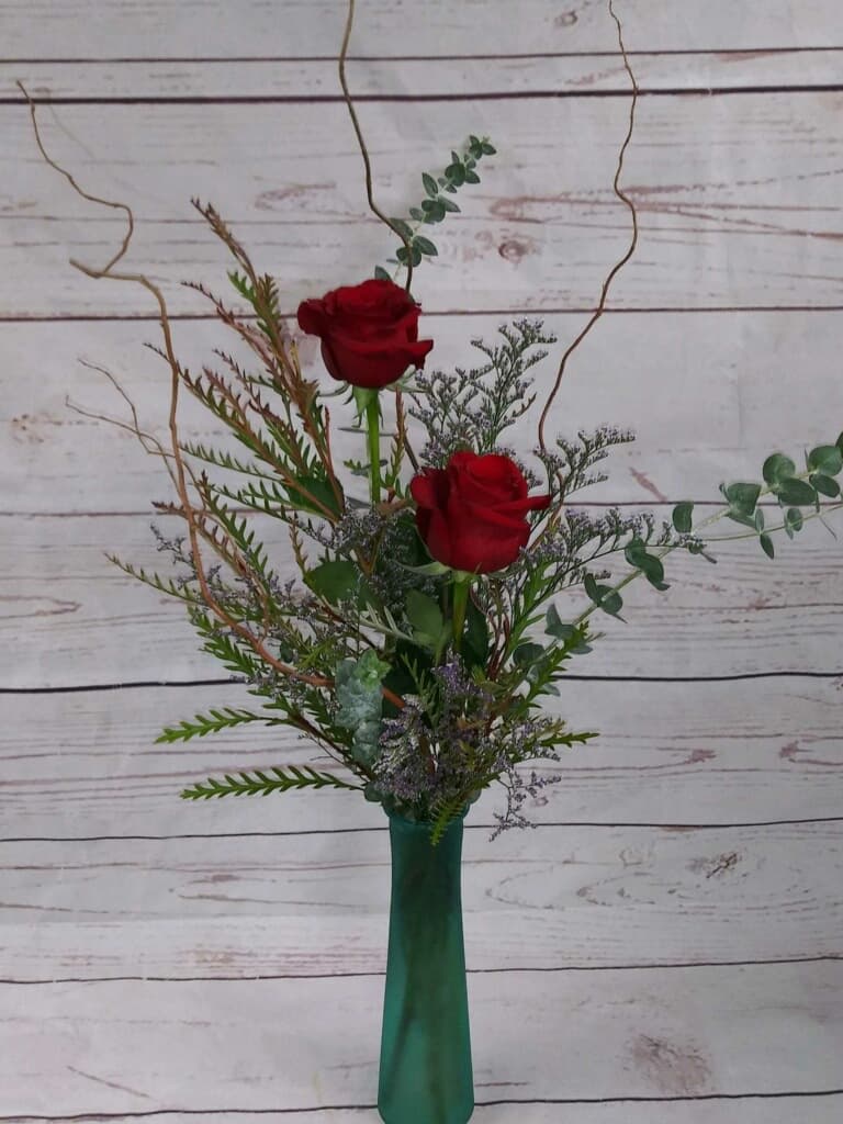 2 Rose Bud Vase - 2 red roses with filler and greenery. 
