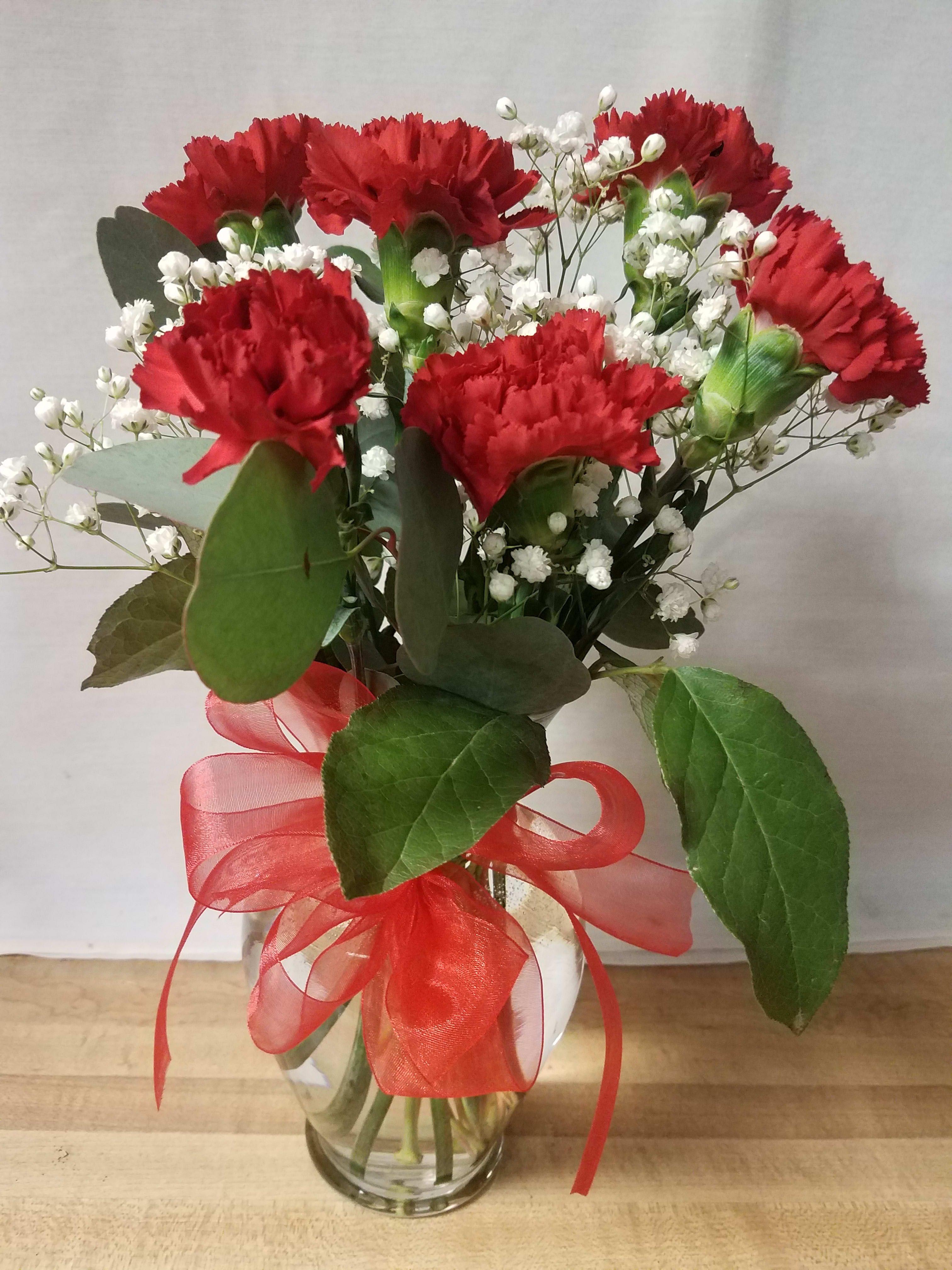 6 Red carnations in a vase in Columbia, PA Flowers by US