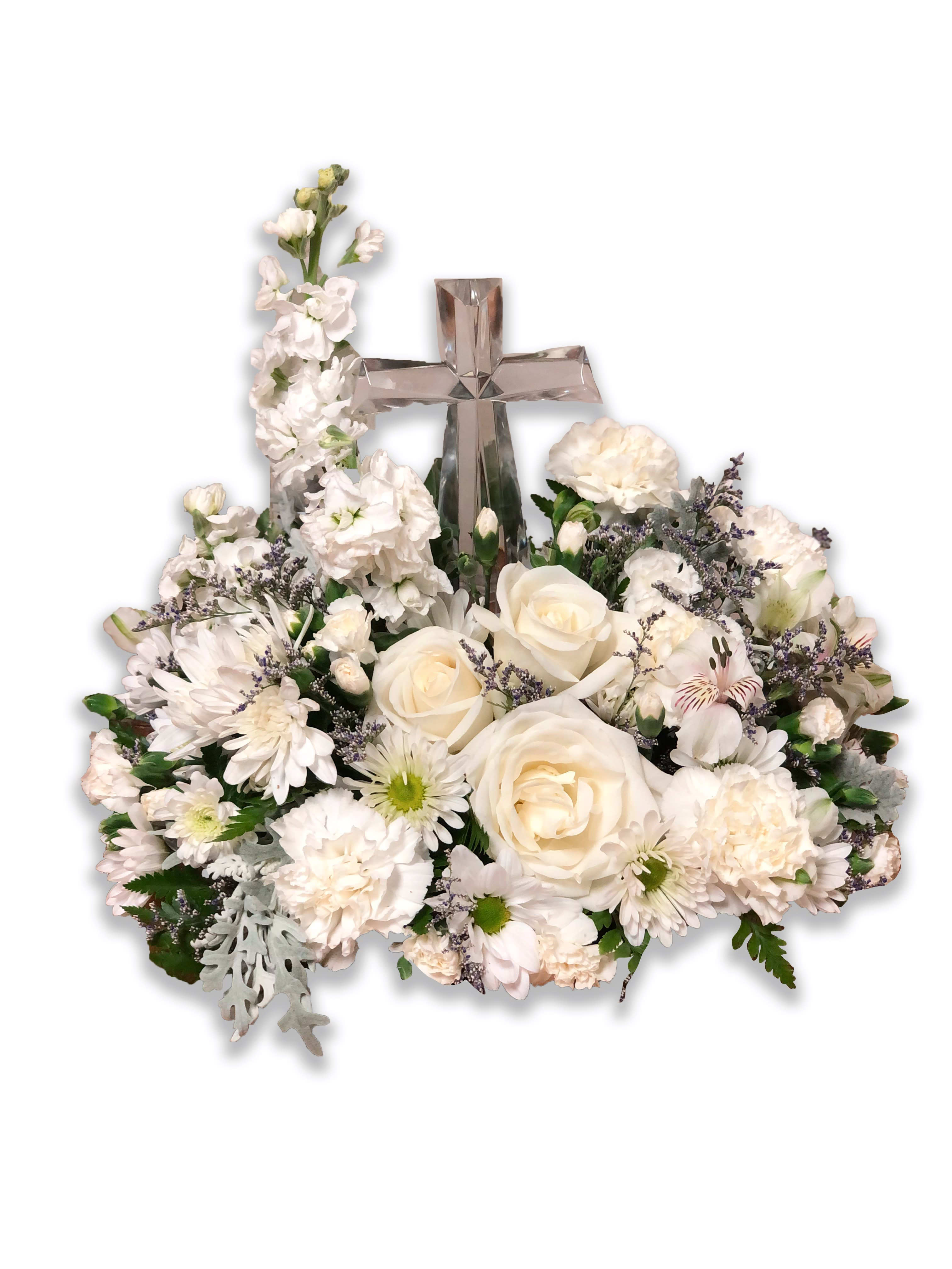 Teleflora's Divine Peace Bouquet Teleflora's Divine Peace Bouquet - An elegant display of faith and divine peace, this beautiful arrangement will comfort the bereaved in a truly thoughtful and respectful way. An exquisite crystal cross is surrounded by a bed of lovely blossoms. It is sure to be appreciated and always remembered. A fragrant mix of pure white blooms - including roses, alstroemeria, stock, carnations and waxflower - is accented with dusty miller and variegated pittosporum around an exclusive Crystal Cross keepsake. Approximately 14 1/2" W x 13 1/2" H Orientation: One-Sided As Shown : T229-2A Deluxe : T229-2B