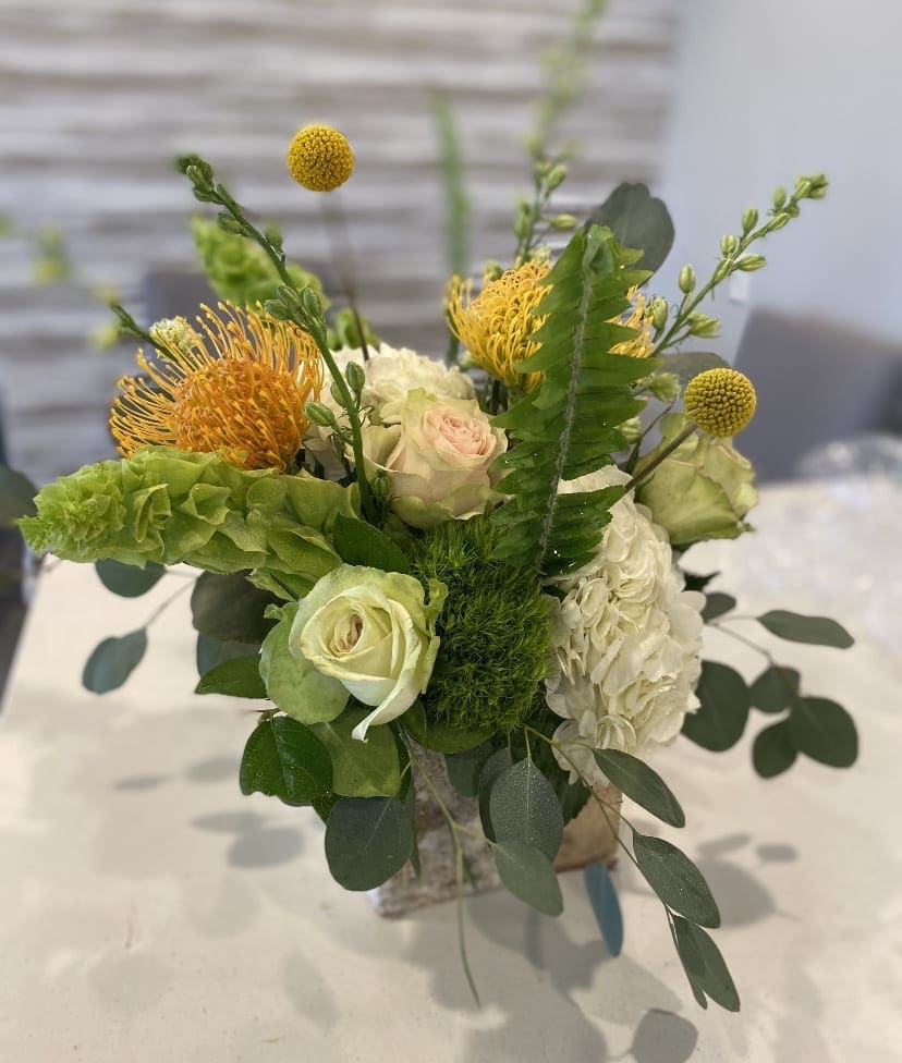 Excitement ! - Monochromatic floral in a vase filled with seasonal floral. Bringing joy to all. 
