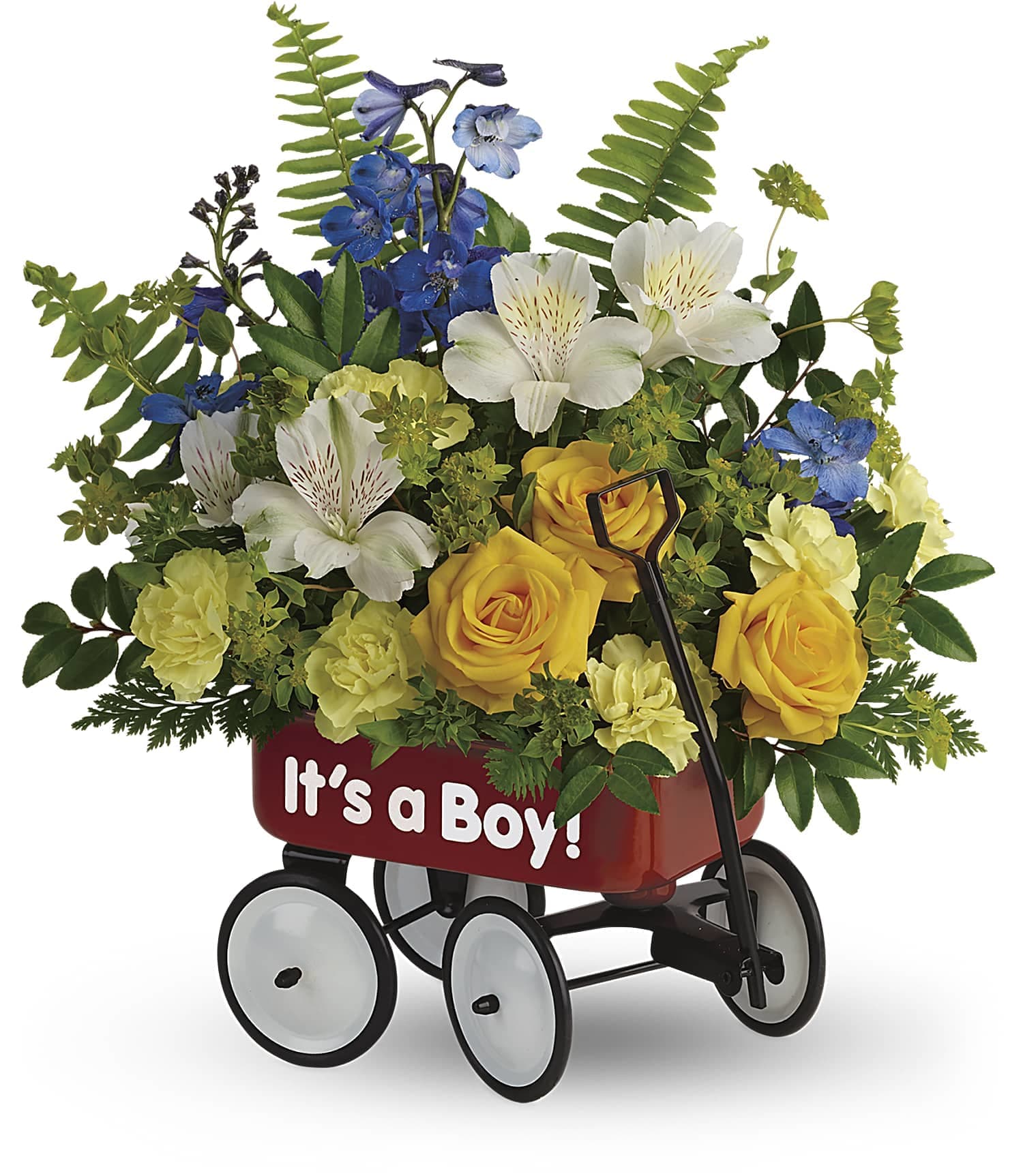 Sweet Little Wagon Bouquet - Give your welcome some wheels! A childhood classic, this cute red wagon is a whimsical way to send the new family a bright blue and yellow bouquet of roses and alstroemeria.  Flowers and colors may vary depending on availability.