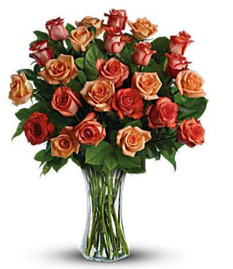 Sunrise Splendor Bouquet - Orange, peach and dark orange or red - gorgeous roses delivered in a sparkling flared glass vase. No doubt about it, this is one HOT presentation!