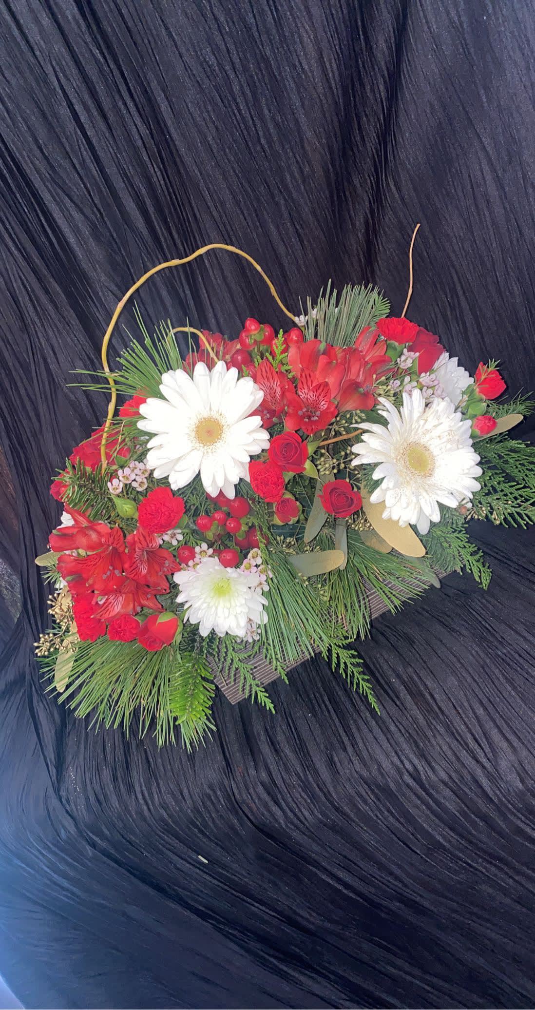 Christmas joy - Beautiful assortment of red &amp; white flowers, with evergreens in a wood box