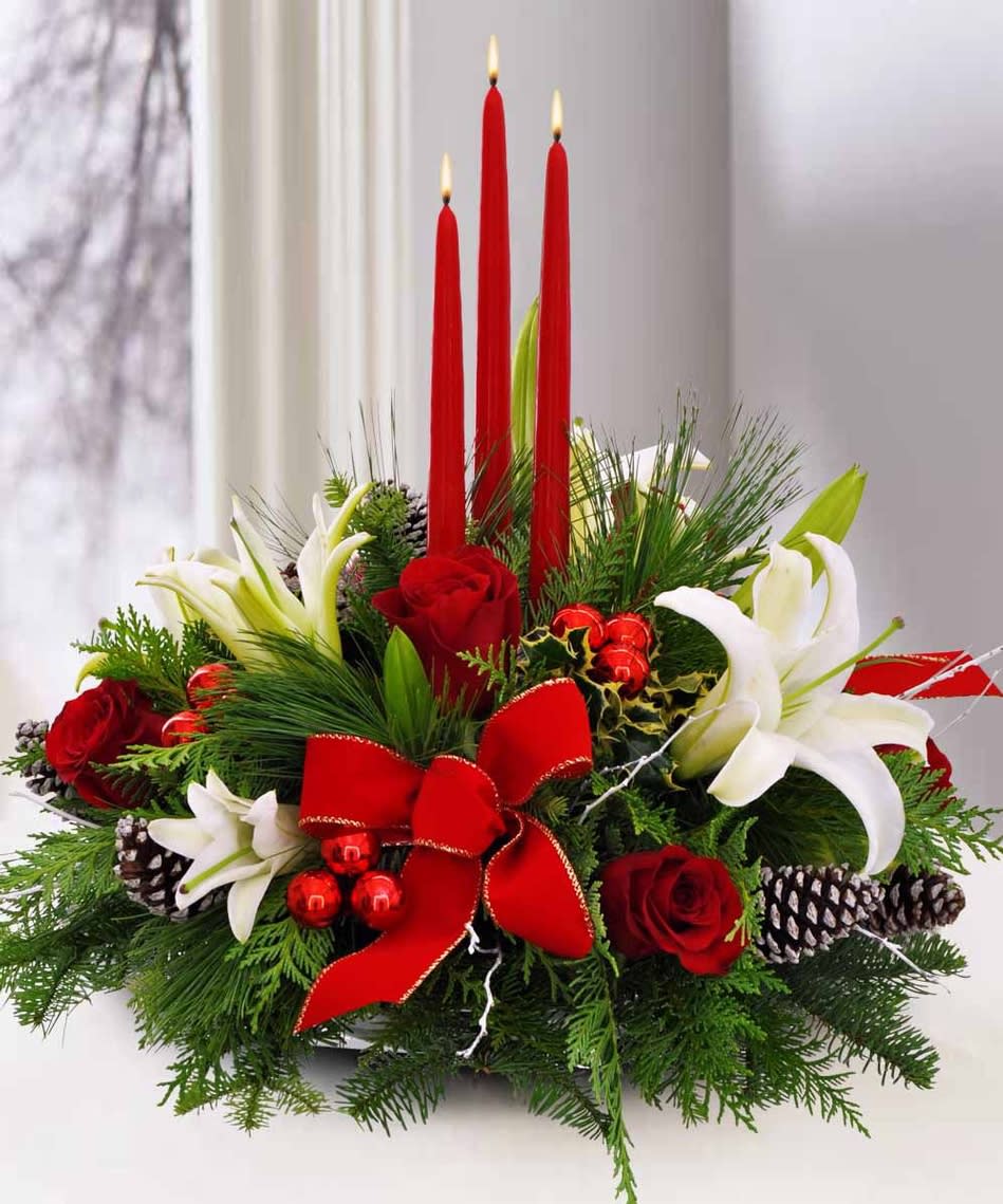 Rose and Lily Round Tabletop Centerpiece with Candles (Christmas or