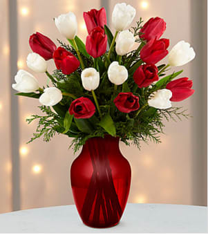 Merry Moments Holiday Tulip Bouquet -  The Merry Moments Holiday Tulip Bouquet was designed to spread holiday cheer with its bright color and beauty! 20 stems of our finest assortment of red and white tulips picked fresh from the farm arrives with a red vase to create a gift bursting with goodwill and greetings for a warm and welcoming holiday season. BETTER bouquet is approximately 15-inches in height. Your purchase includes a complimentary personalized gift message. Your purchase includes a complimentary personalized gift message.