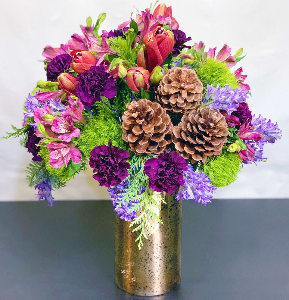 Holiday Jewels - Premium ADH20-12 - A jewel like arrangement for the most precious jewels in your life. An incredible mix of Hyacinth, Amaryllis, and other premium flowers and greens. Premium Version. Available in three sizes. Holiday greens can be substituted. Request substitution of greens in special instructions. Approx Size: 18&quot; x 15&quot;