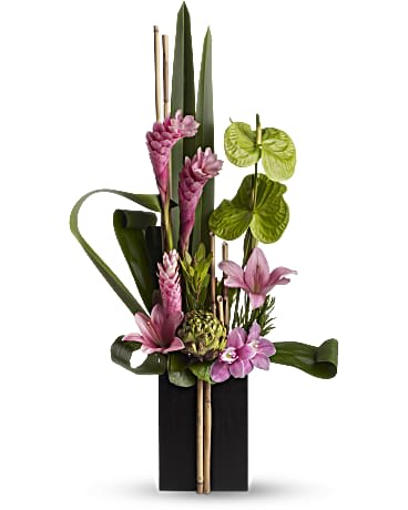 Zen Style Zen Style - Unusual elements including pink ginger, green artichoke, river cane and green anthuriums make this Asian-inspired arrangement especially eye-catching. The tall, serene sculpture is presented in a dark wooden box for a very Zen effect.