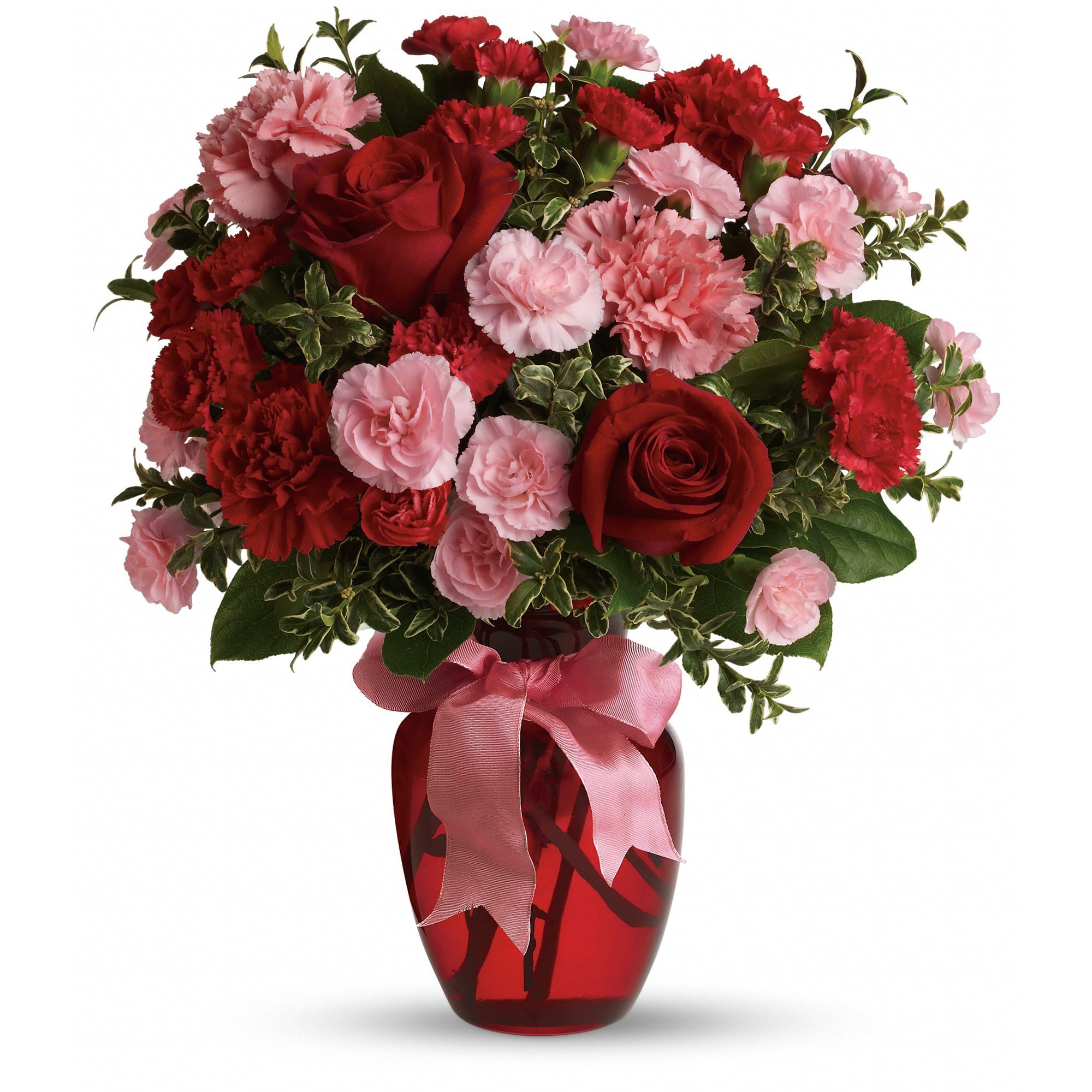 Dance with Me Bouquet by Teleflora - Turn up the heat on your relationship with this sizzling bouquet of carnations and roses in a sparkling glass vase. It makes a spectacular gift for anniversary or any loving occasion.  