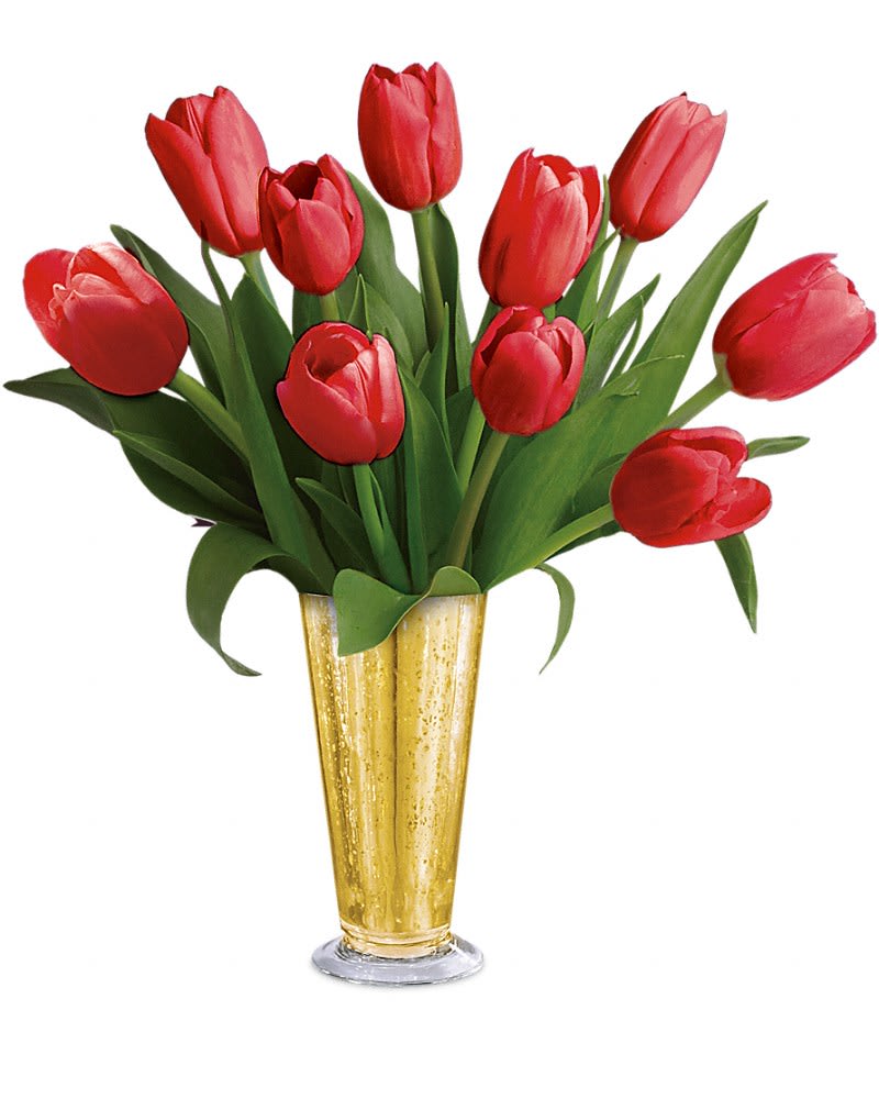Tempt Me Tulips Bouquet by Teleflora - Red hot! Whatever the occasion, these tempting tulips are sure to delight. The classic red blooms are gracefully arranged in a golden mercury glass vase for a touch of vintage romance. Includes ten red tulips. Delivered in a large Mercury Glass Julep.