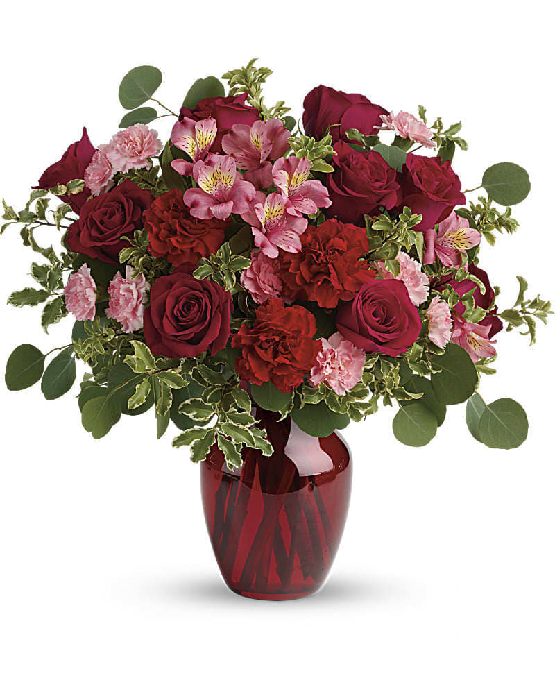 Blooming Belles Bouquet - Tres belle! Ruby red roses and delicate pink alstroemeria are mixed with whimsical greens in a radiant vase for a beautifully blooming gift she'll never forget