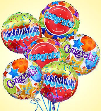 Air-Rangement - Congratulations Mylar Balloons Air-Rangement - Congratulations Mylar Balloons - Product ID: 91976 Give them a little extra lift with a festive "arrangement" of Congratulations Mylar balloons. Selected by our expert florists, they're a great way to congratulate someone special for any occasion, from a new job or promotion to a new baby or housewarming. Gathering of helium-filled "Congratulations" Mylar balloons Choose from arrangements of one dozen or a half-dozen balloons Balloon designs will vary by regional availability A long-lasting gift that's unique, fun and festive
