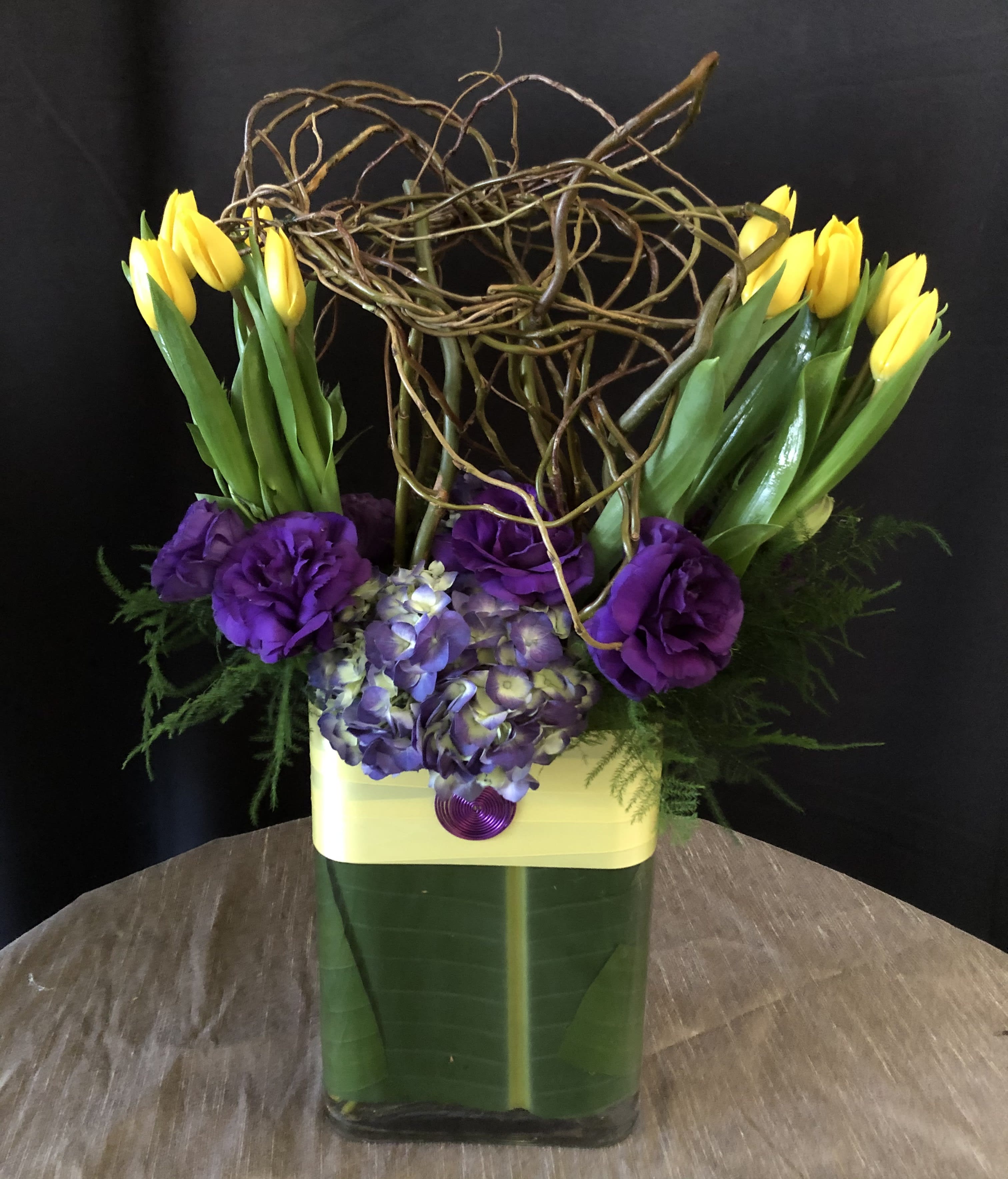 Floral Hug #EF72 - Uniquely wived Willow , Tulips to hug them, purple lisianthus &amp;  Hydrangea to complete  Designers vision . Of course you can choose your desire color combination &amp; Flowers  