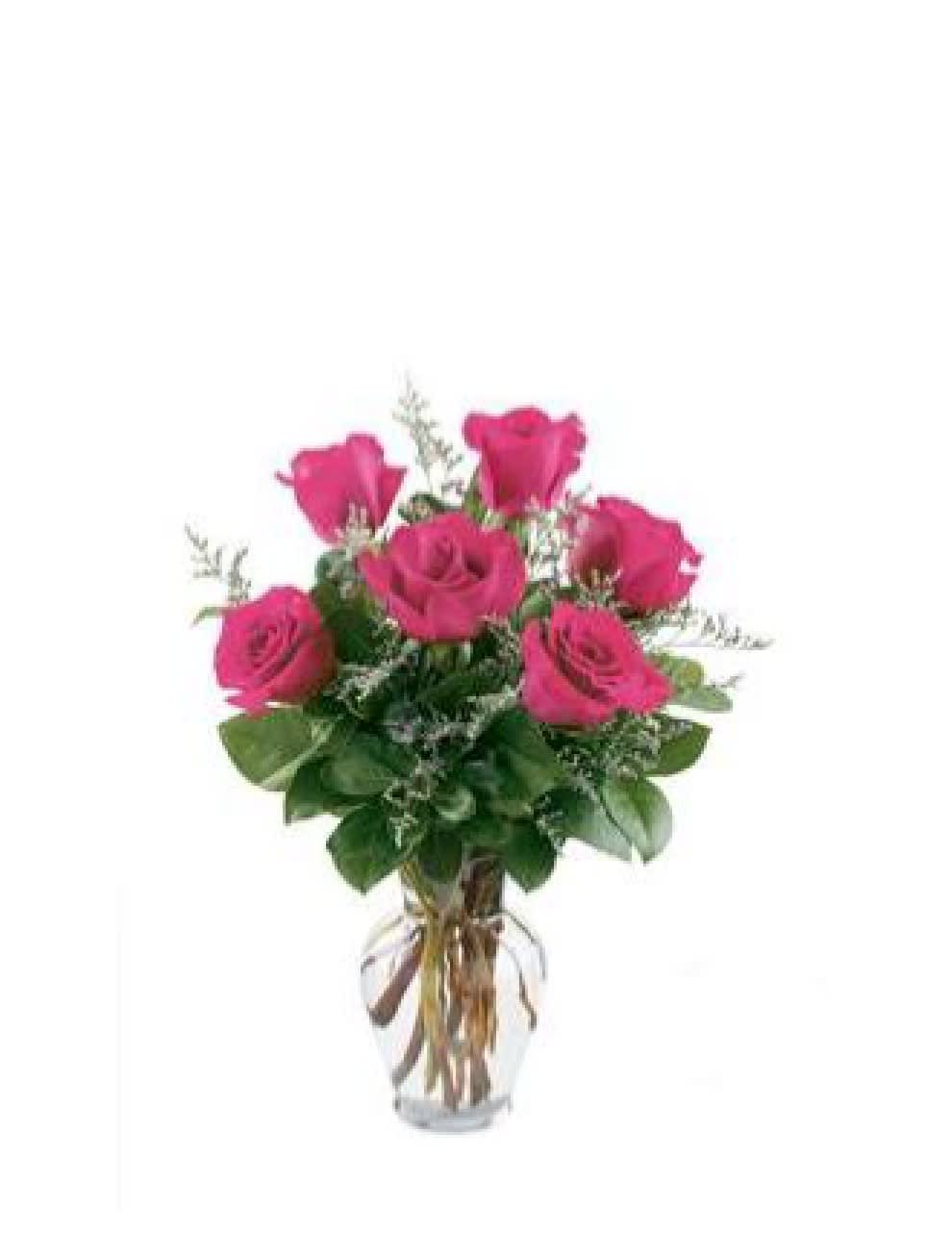 Love's Embrace 6 Hot Pink - Embrace your feelings with a classic gift of long-stem hot pink roses. Displayed elegantly in a glass vase and artistically designed by our select florists, these stunning roses send a memorable message to your special someone that help you express yourself perfectly, no matter what the occasion. Fresh long-stem hot pink roses, artistically arranged by our florists with fresh gypsophila  Our florists hand-design each arrangement, so colors, varieties, and container may vary due to local availability