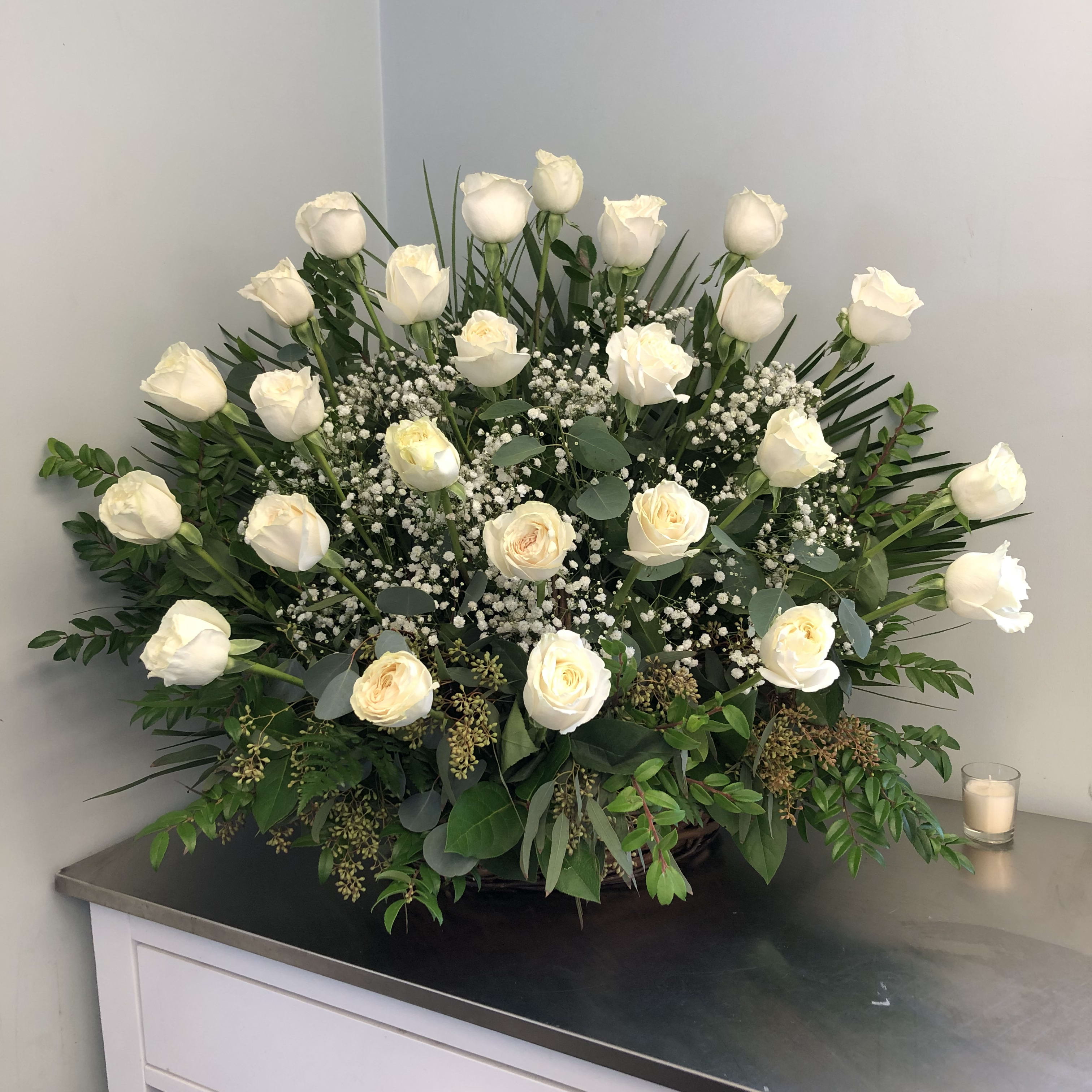 Evans White Rose Funeral Basket in Peabody, MA Evans Flowers