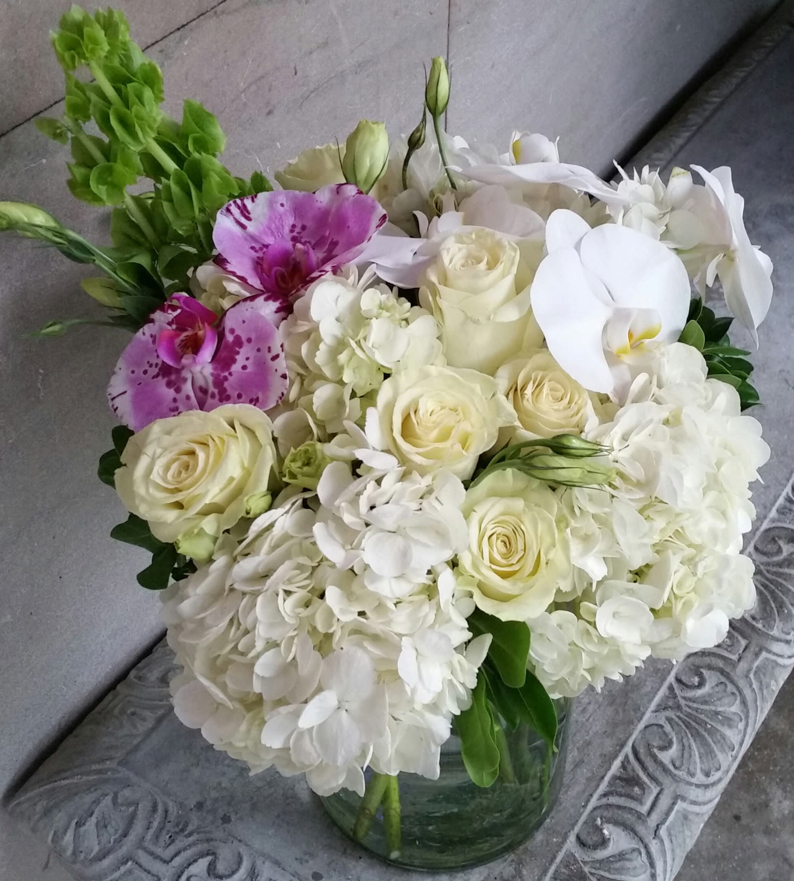 so special - cream white flowers and purple orchids