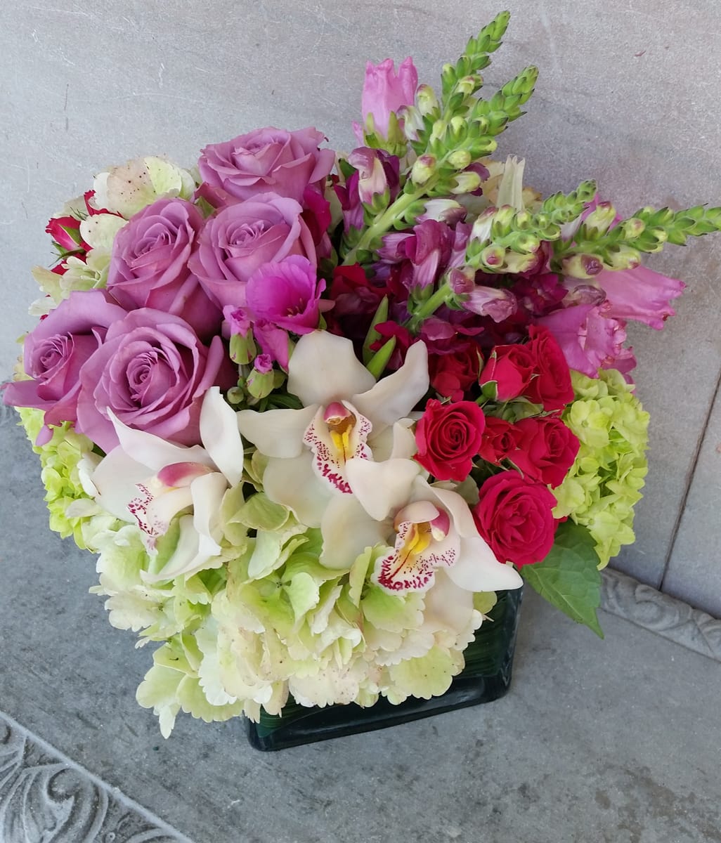 mixed modern romantic cube - cymbidium orchid with roses and hydrangeas snaps