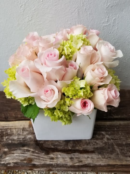 Pink and Green - green Hydrangeas and pink roses in white cube