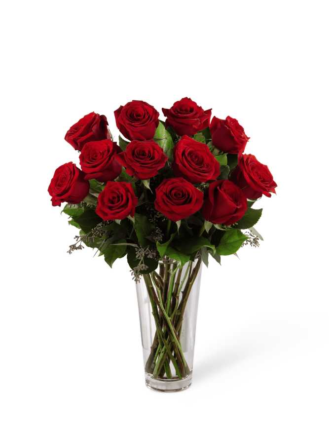 The FTD Red Rose Bouquet - The FTD Red Rose Bouquet offers a symbol of lasting love and undying affection in this time of grief and loss. Rich red roses are perfectly arranged with seeded eucalyptus in a classic clear glass vase to create a bouquet that expresses your most heartfelt sympathies.