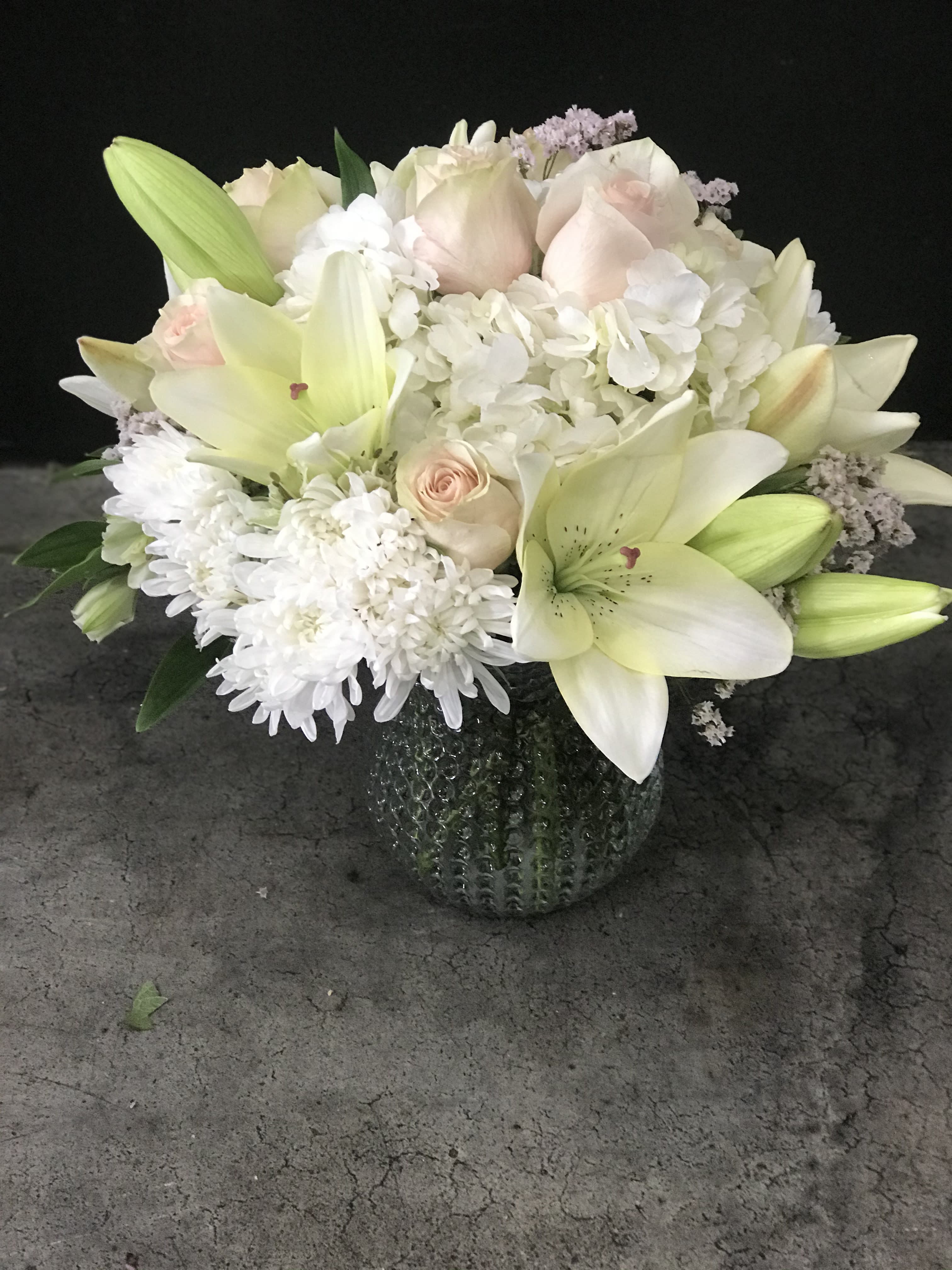 Arrive Styling - white lily, pink rose, white cushion mums