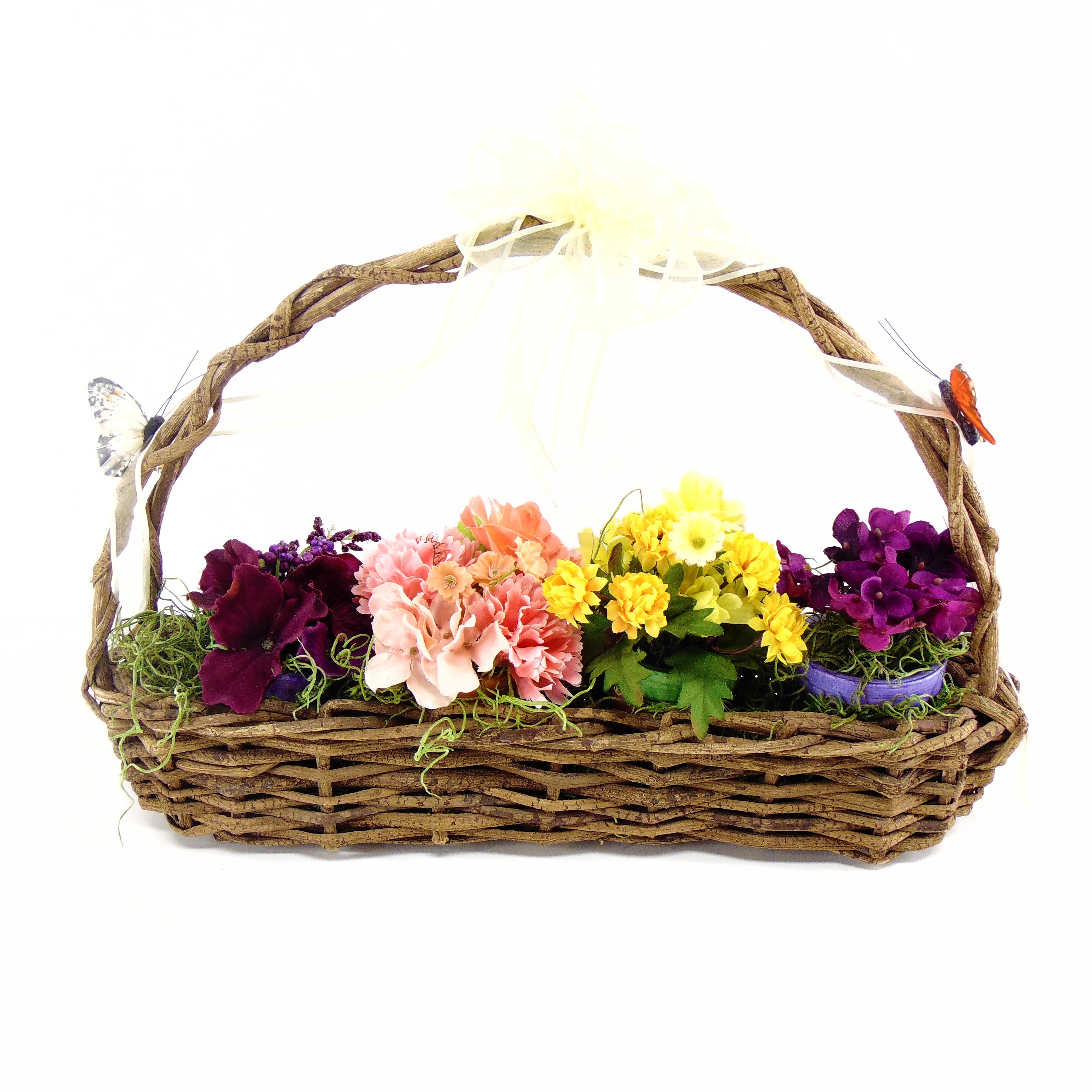 Silk flower mini pots in garden basket. in Avon, NY Avon Floral World