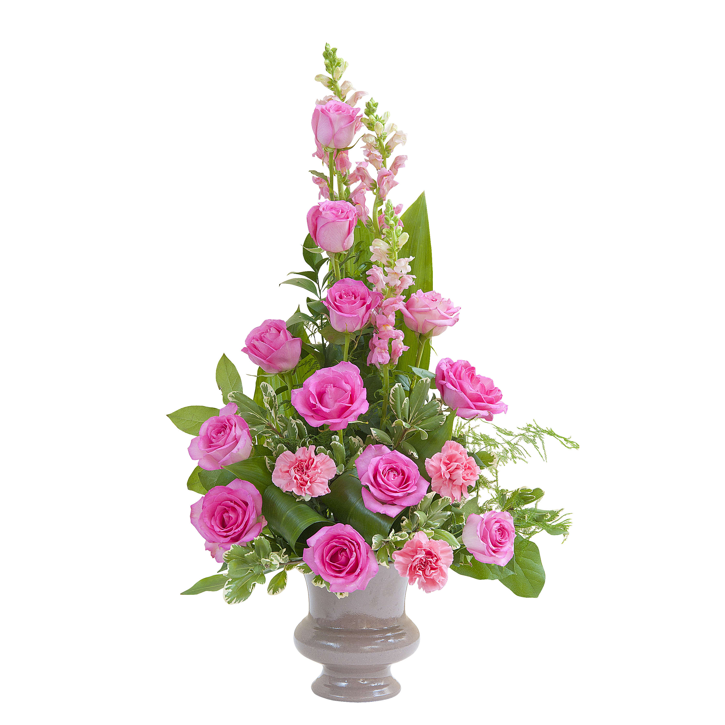 Peaceful Pink Small Urn TMF-713 - Simple beautiful combination of Roses, Carnations and Snapdragons.	Approximately 12&quot; wide by 24&quot; high