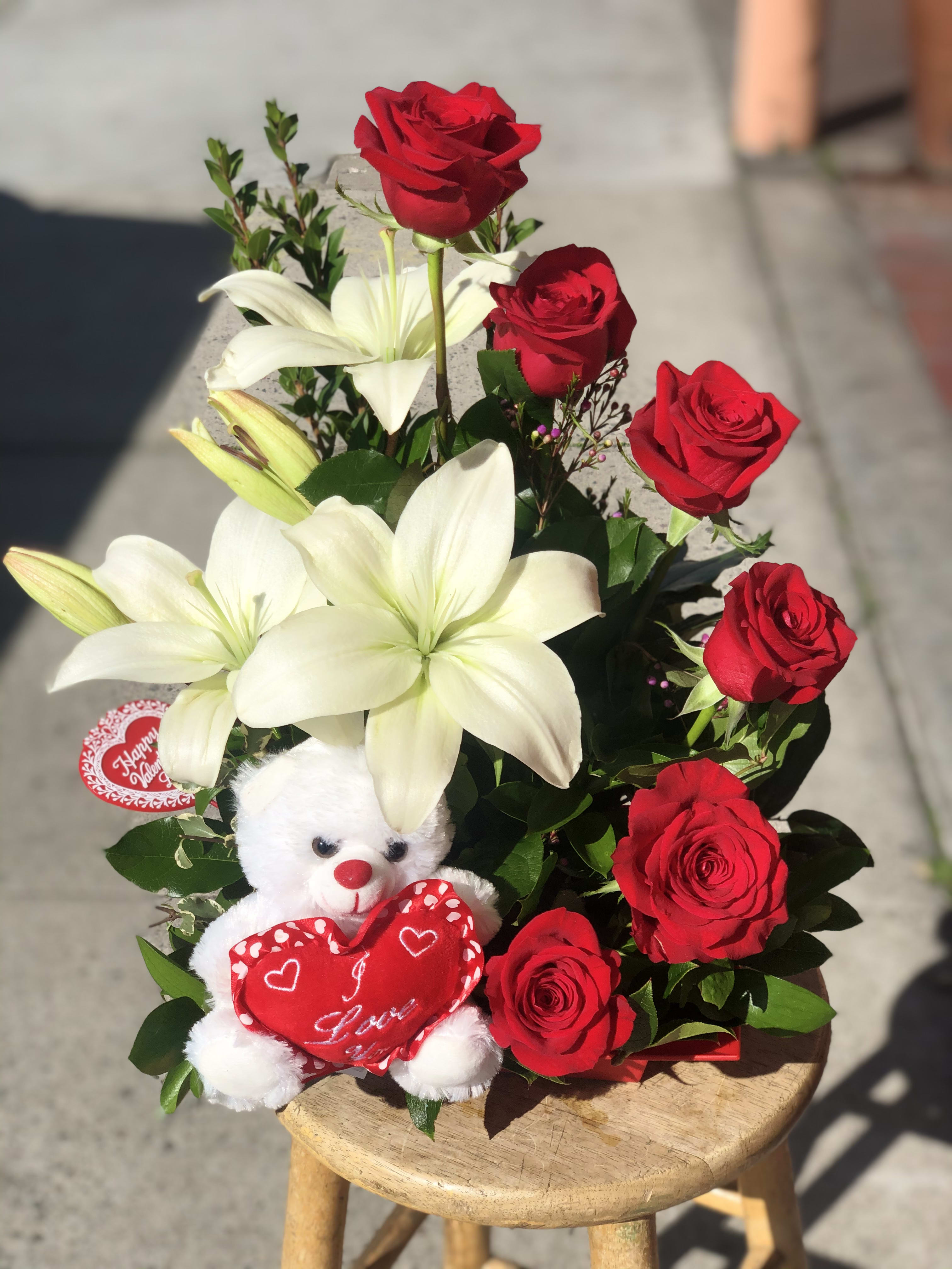 Red roses and white lilies in San Jose, CA San Jose Flowers