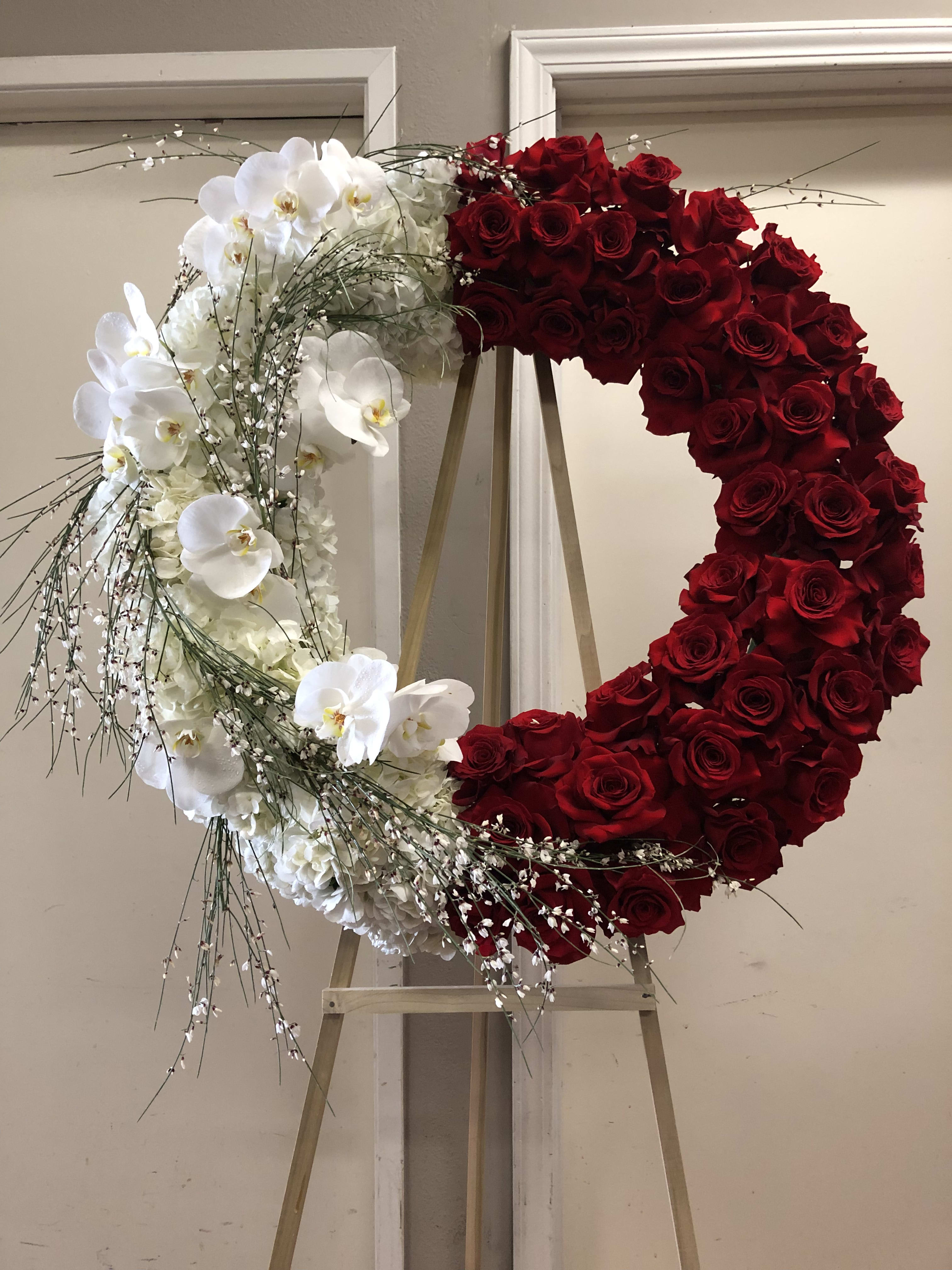 Funeral22 Funeral22 - Beautiful red and white flower arrangement on tall stand for funeral service. Banner can be added.