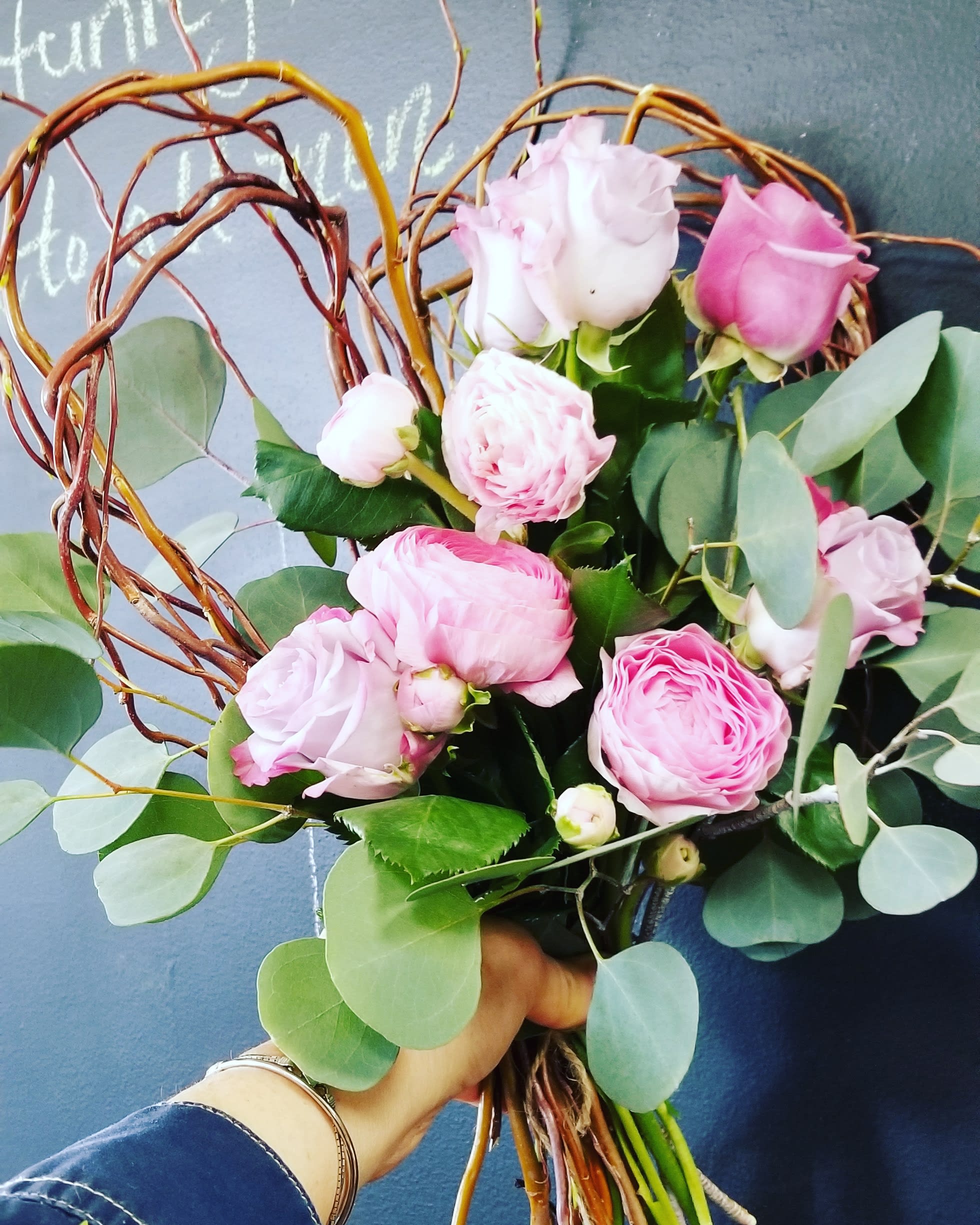 Hand -tied romantic bouquets  - Created Armature with fresh cut Curly Willow and arranged the flowers on it it can be in the vase or simply wrapped in the vintage paper and tied with raffia or french lace