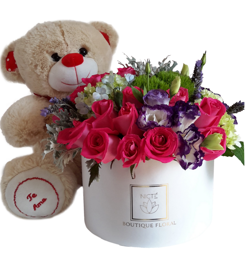 Teddy bear and pink Roses in Round box in Compton CA Compton