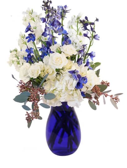 Bountiful Joys Bountiful Joys - Brilliant blooms of blue brim with bold beauty and breathtaking bliss! This stunning array of vibrant flowers sparkles with charm and exquisite appeal, making it a truly delightful and darling gift!