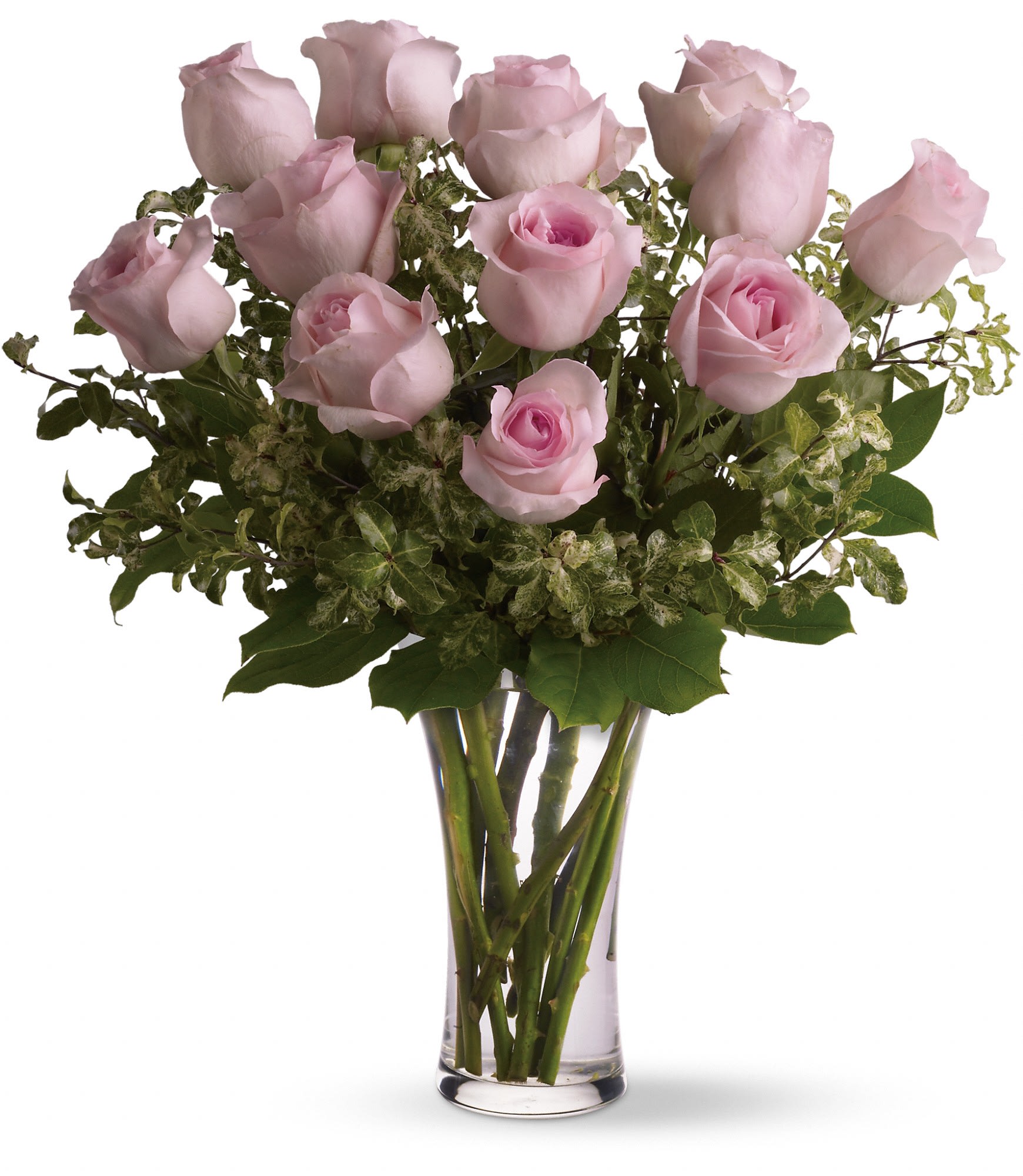A Dozen Pink Roses - Pretty, pink and perfect. There's nothing like long-stemmed pink roses to show your affection.  A dozen pink roses with variegated pittosporum and salal in a beautiful glass vase.   Approximately 21&quot; W x 25&quot; H  Orientation: All-Around  As Shown : TF33-1