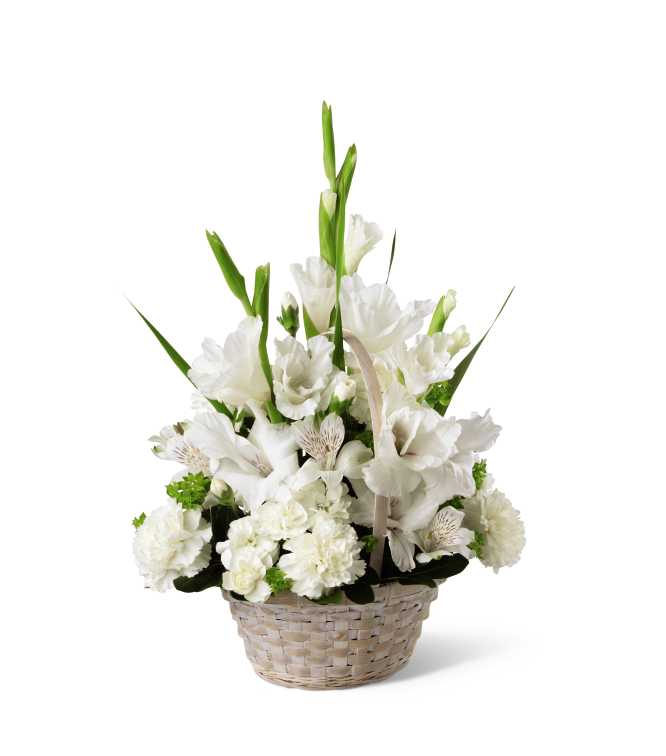 The FTD Eternal Affection Arrangement - The FTD Eternal Affection Arrangement is a peaceful offering of heartfelt sympathy. White gladiolus, Peruvian lilies, carnations, mini carnations and lush greens are beautifully arranged in a round whitewash handled basket to create a beautiful display of soft serenity.