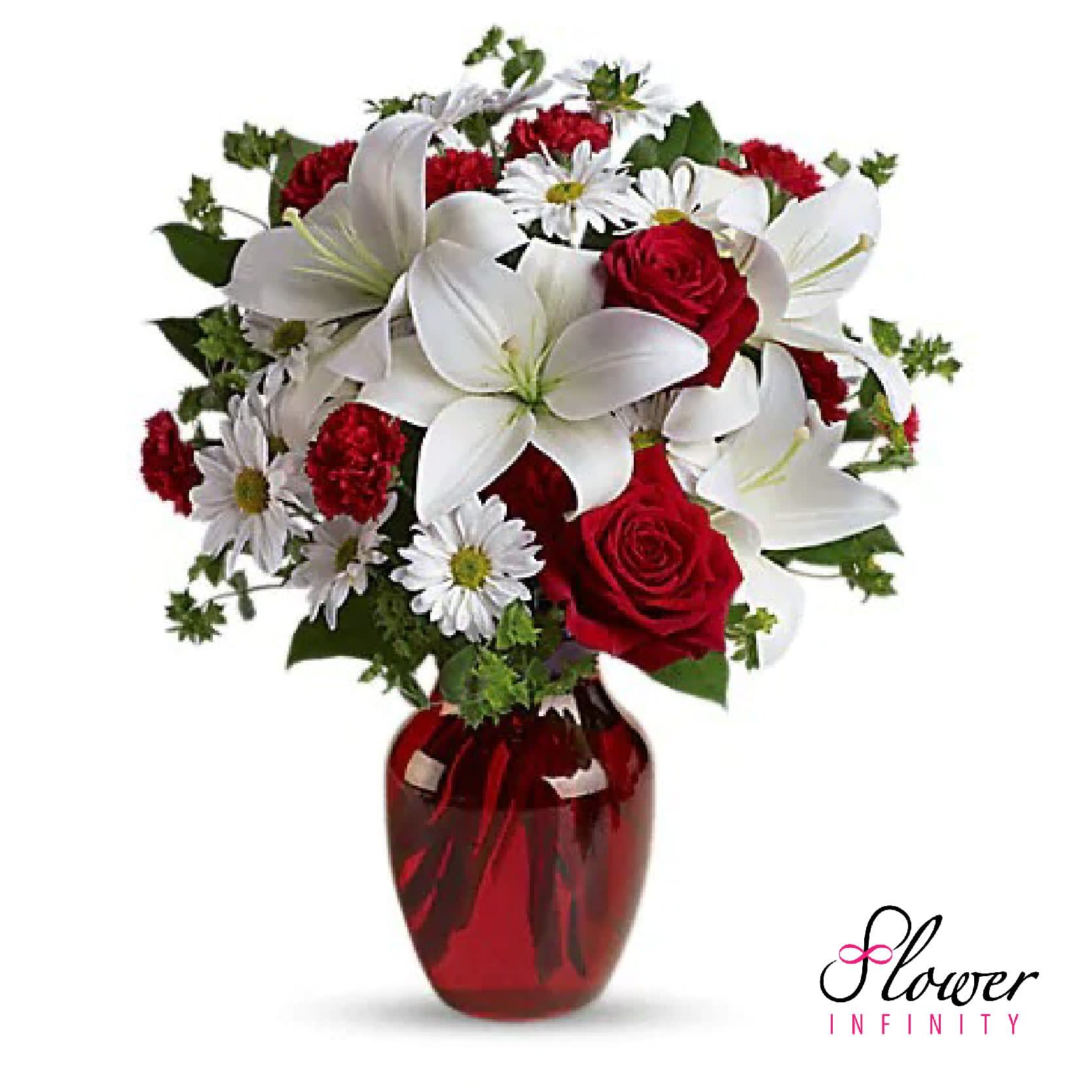 Red &amp; White Smiles by Flower Infinity  - A beautiful combination of daisies roses, and lilies. Perfect for Valentine's Day. 