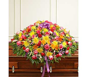 Bright Mixed Flower Full Casket Cover Bright Mixed Flower Full Casket Cover - Features gorgeous bright blooms such as long-stem pink roses, lilies, spider mums, snapdragons, monte casino and more. Send the perfect expression of your love and a tribute to a beautiful life with this elegant full casket cover arrangement. As Shown : HUD-91384