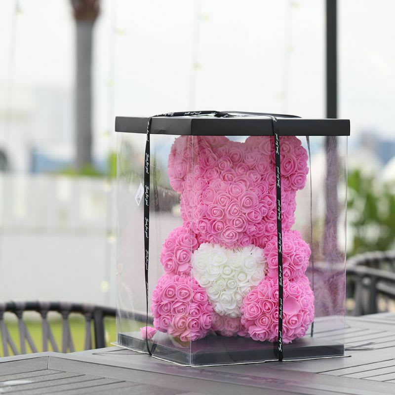 Large Pink Rose - ★rose bear gift box seals the deal and makes this gift even MORE perfect. rose bear crystal clear, window-like box holds the Hugz bear in a very presentable way for that special someone. Clear Gift Box 10 inch /15.7inch
