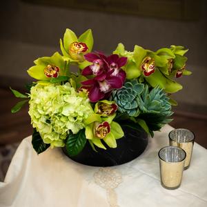 I'm Stuck on You - This arrangement is in a black ceramic vase with orchids, hydrangeas, and succulents. This arrangement portrays a zen type of look perfect for long lasting gift.