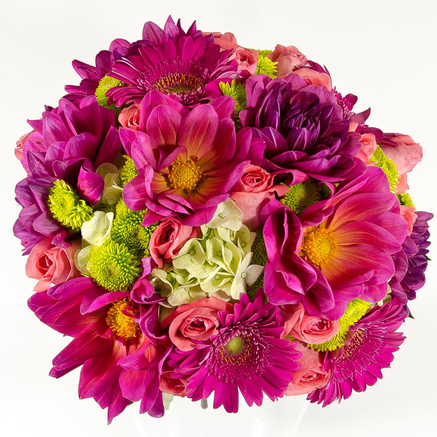 Hot, hot, hot - A beautiful bouquet of hot pink gerbers, dahlias, green hydrangeas, coral roses, and accent green button pom pom.  ** ALL BRIDAL MUST BE ORDER 2 WEEKS IN ADVANCE. If there is less than 2 weeks, please contact the design department at 619-295-3444 Ext:103