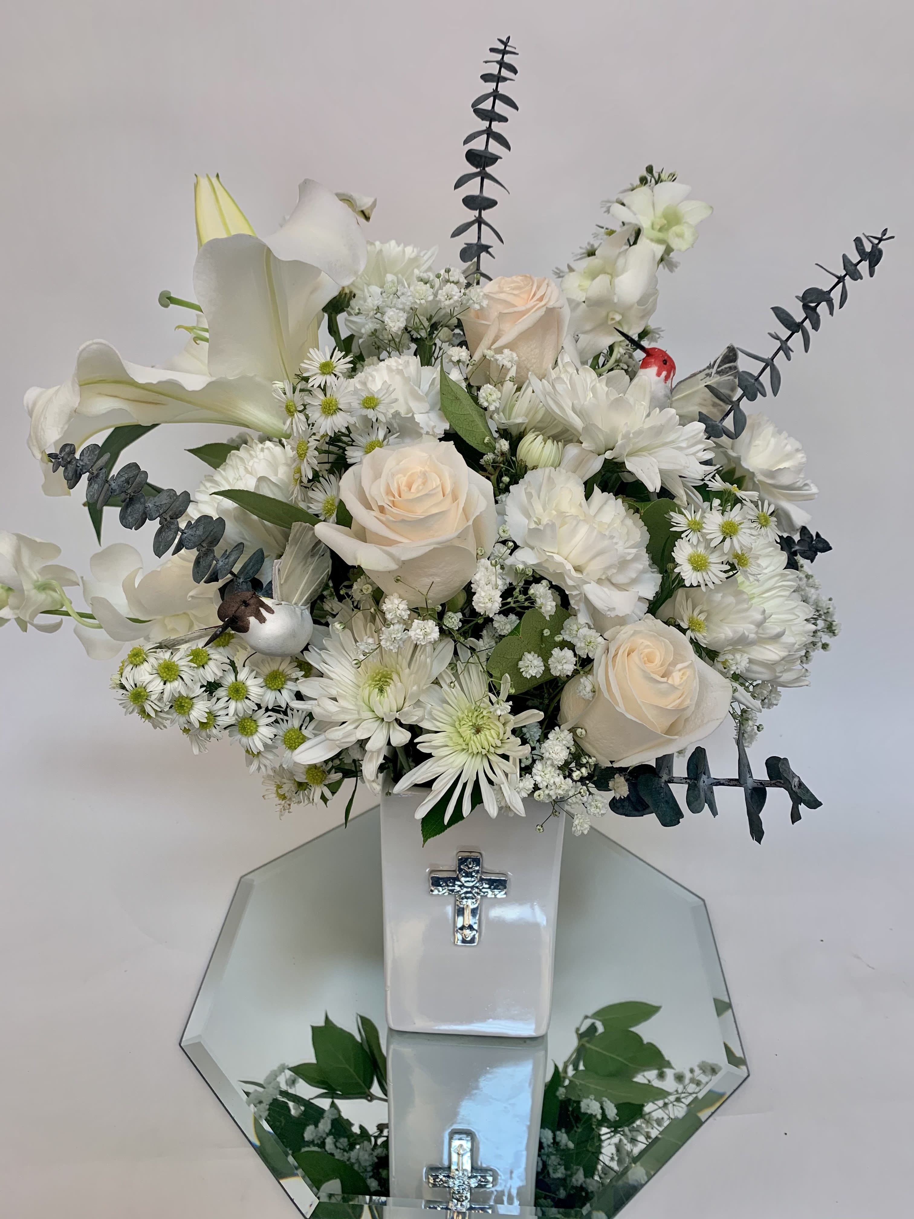 Squared cross vase w/ floral  - Made with whites and creams, perfect to send to a home 