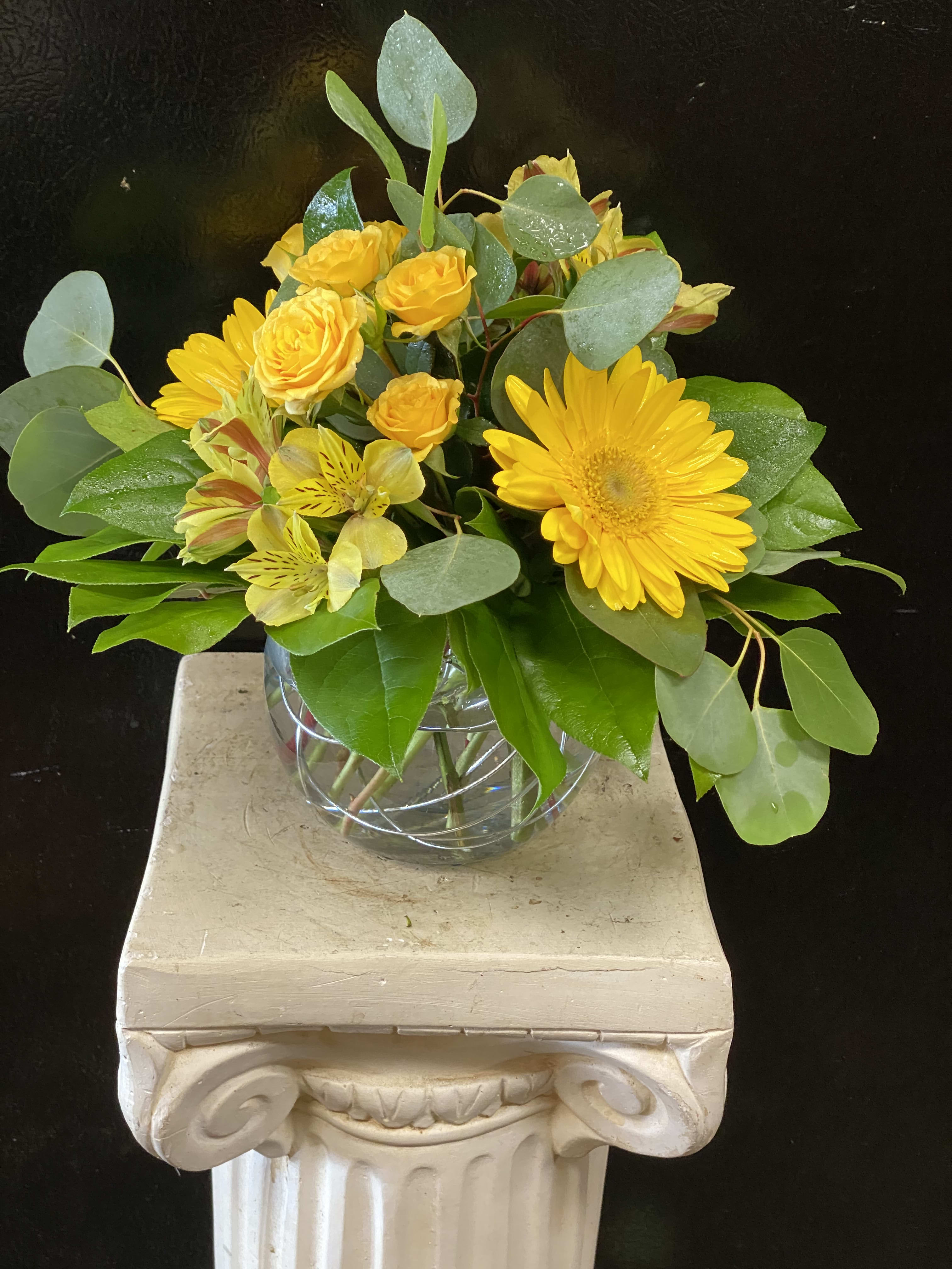 You Are My Sunshine - &quot;You Are My Sunshine&quot; is  a very happy bubble bowl of mixed yellow flowers, including Gerber Daisies, Alstromeria, and Spray Roses. This arrangement is perfect for making someone's day....