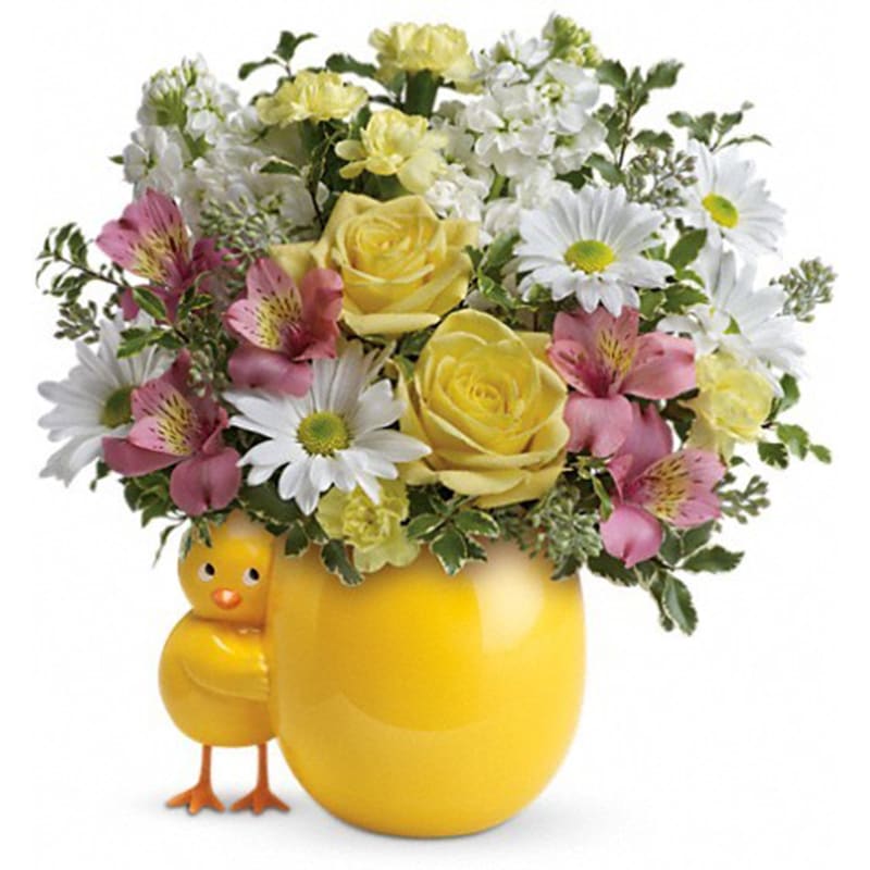 Teleflora's Sweet Peep Bouquet - Baby Pink Teleflora's Sweet Peep Bouquet - Baby Pink - Celebrate a special arrival with this egg-cellent gift! Cheery white daisies, pink alstroemeria and gorgeous yellow roses will delight the new parents, especially when presented in this darling keepsake ceramic vase. This cheerful bouquet includes lush yellow roses, light pink alstroemeria, miniature light yellow carnations, white stock, white daisy spray chrystanthemums, variegated pittosporum and seeded eucalyptus. Delivered in a Happy Chick vase. Orientation: One-Sided All prices in USD ($) Standard TNB04-2A Deluxe TNB04-2B Premium TNB04-2C