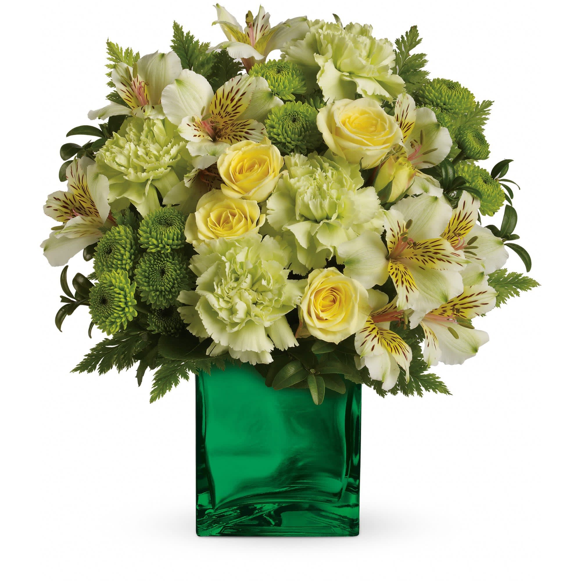 Teleflora's Emerald Elegance Bouquet Teleflora's Emerald Elegance Bouquet - Like a breath of fresh air, this crisp, spring bouquet delivers a burst of citrus style to your lucky someone. This unique blend of yellow and green blooms in a shimmering emerald glass cube is simply brilliant!